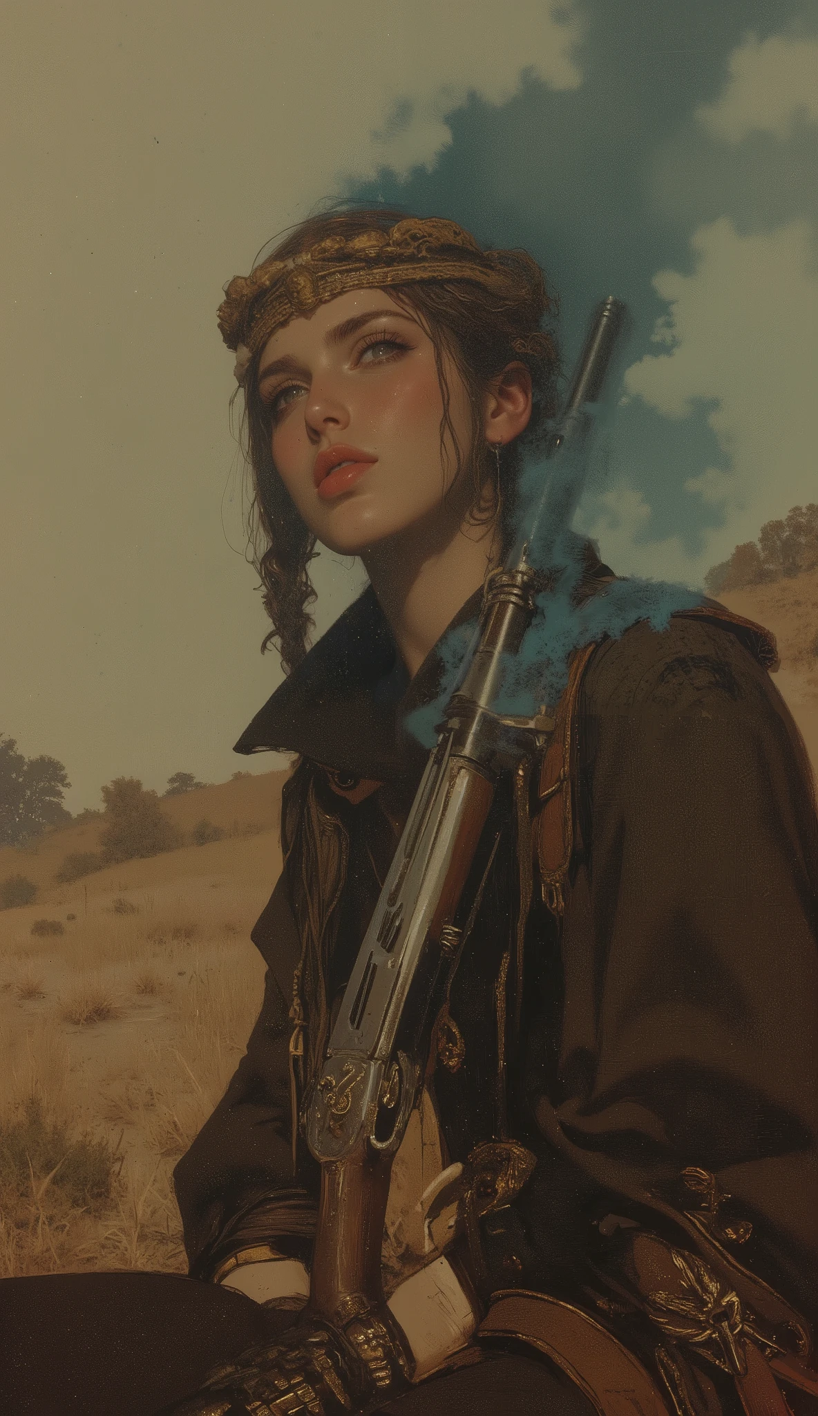 taken from obliquely below、 Fisheye 、high school girl, intense expression that radiates deep wisdom and mystery, Misty, dreamy background 、 cowboy style、Wear a deep cowboy bat、 Gold、braids、Kiss the shotgun、