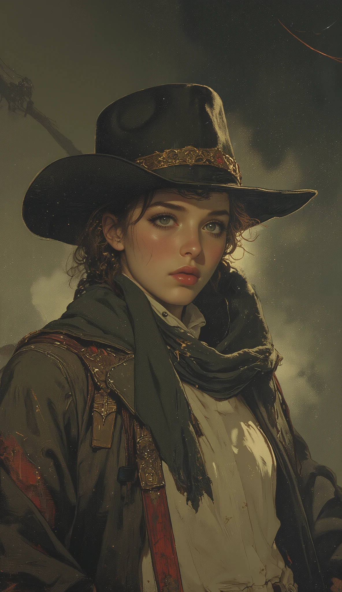 taken from obliquely below、 Fisheye 、high school girl, intense expression that radiates deep wisdom and mystery, Misty, dreamy background 、 cowboy style、Wear a deep cowboy bat、 Gold、braids、Kiss the shotgun、