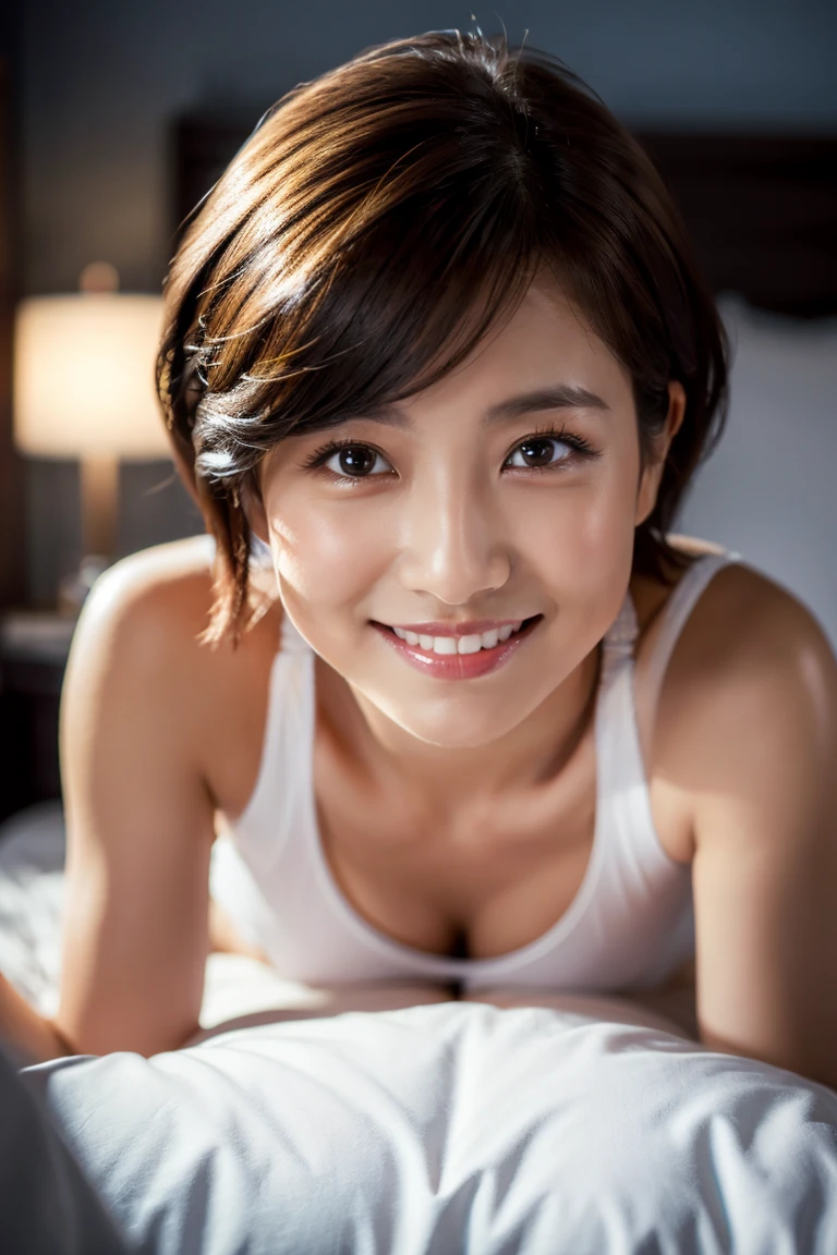 The face is a hostess、White bra、pantiy、hiquality、A hyper-realistic、healthy、Smiling expression、Slender perfect figure、Japan beauties、beautidful eyes、face perfect、Beautiful skin、the morning sun、by the window、High-rise hotels、Bedrooms、beauty legs