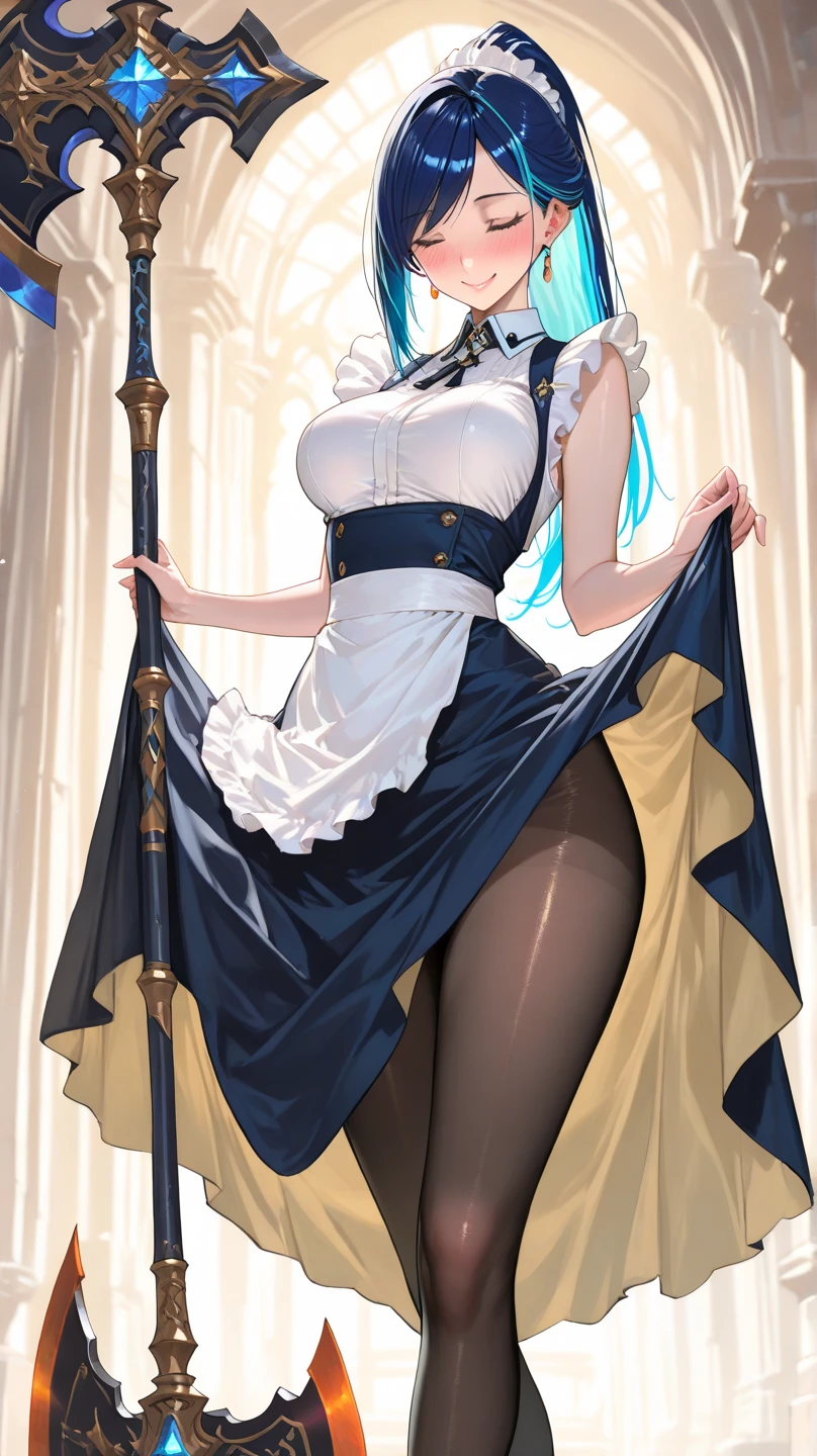 masterpiece, ultra detailed, 8k portrait, RAW photo, portrait photography, highly detailed face, beautiful and meticulous eyes, dark blue hair, long hair, blue eyes, white hair ribbon, (dark blue French maid costume:1.5), white tights, half boots, spread legs, standing, (holding a giant sickle:1.5), by the old castle, in mid night, from below, (cameltoe:1.5)