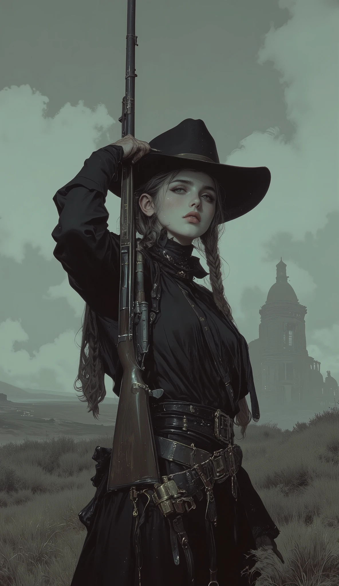taken from obliquely below、 Fisheye 、high school girl, intense expression that radiates deep wisdom and mystery, Misty, dreamy background 、 cowboy style、Wear a deep cowboy bat、 Gold、braids、Hold an old rifle on your shoulder、