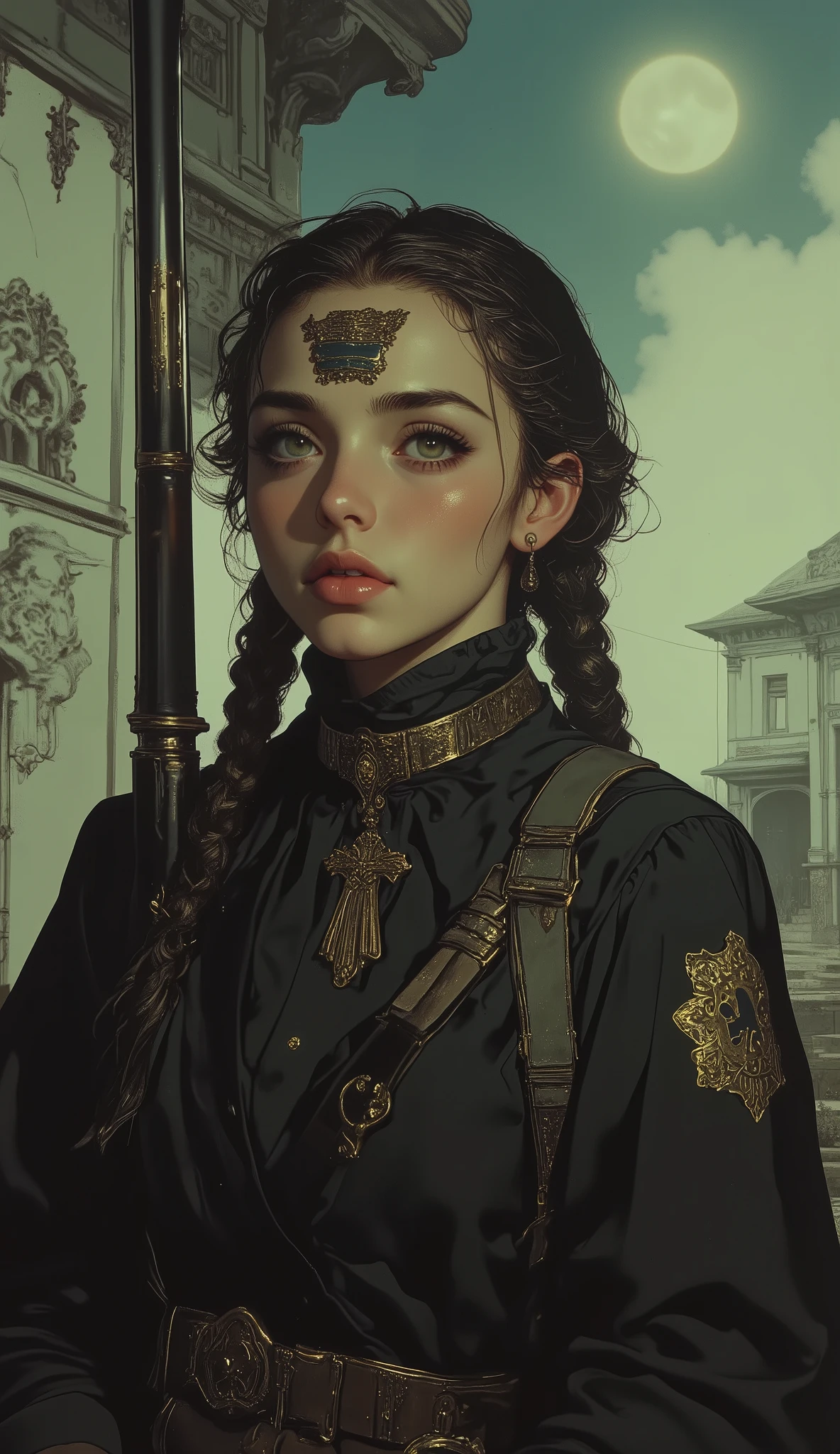 taken from obliquely below、 Fisheye 、high school girl, intense expression that radiates deep wisdom and mystery, Misty, dreamy background 、 cowboy style、Wear a deep cowboy bat、 Gold、braids、Hold an old rifle on your shoulder、