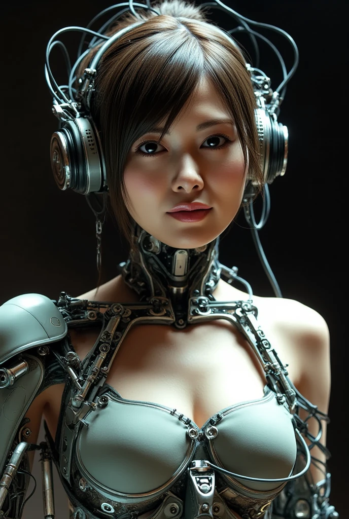 -teen, European,nde, small breasts, close-up on breasts, big eyes, short sleeve t-shirt, mechanical arms, cybernetic arms, metal and wire on arms, cyberpunk theme, ray tracing, HDR