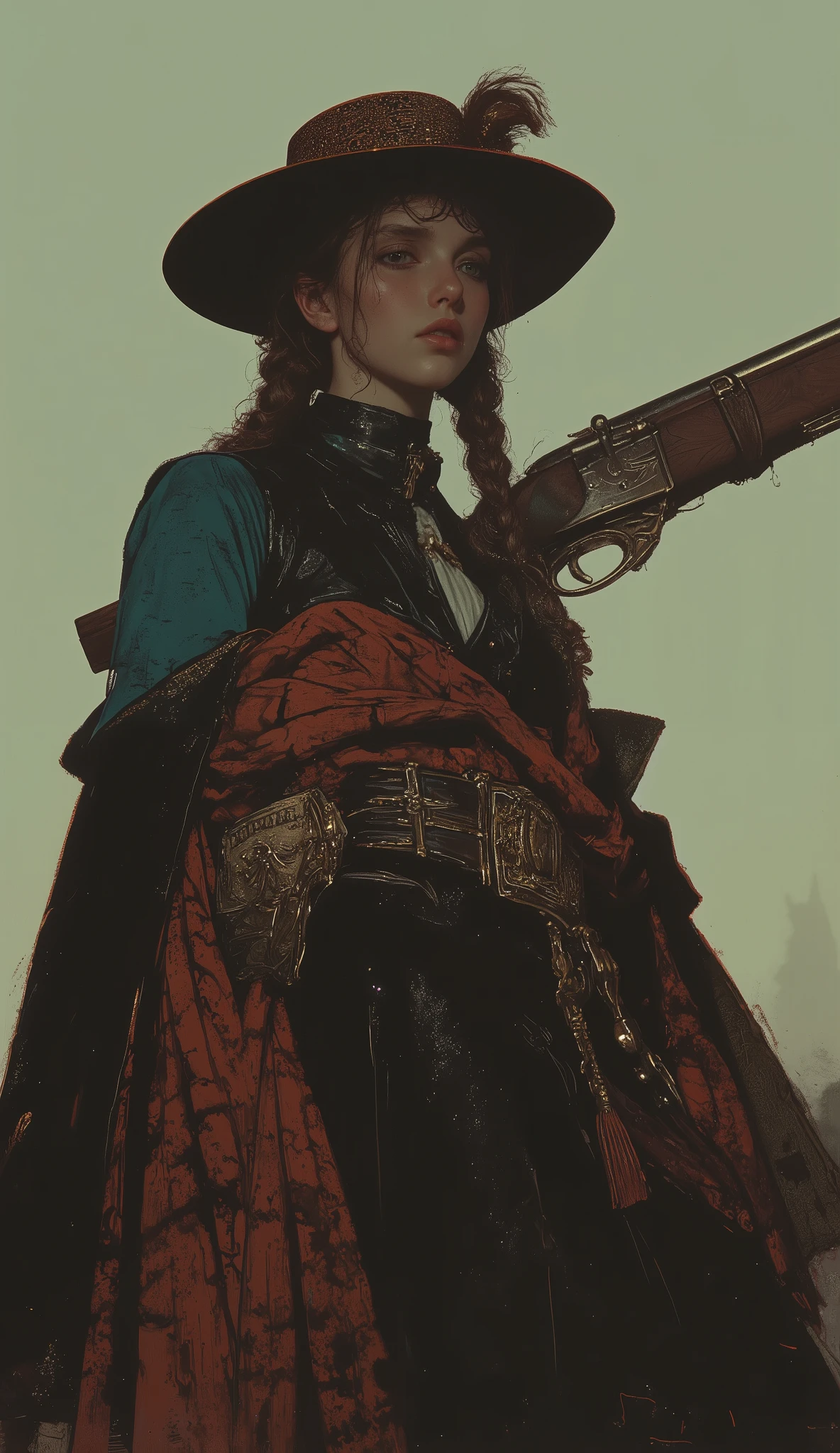 taken from obliquely below、 Fisheye 、high school girl, intense expression that radiates deep wisdom and mystery, Misty, dreamy background 、 cowboy style、Wear a deep cowboy bat、 Gold、braids、Hold an old rifle on your shoulder、