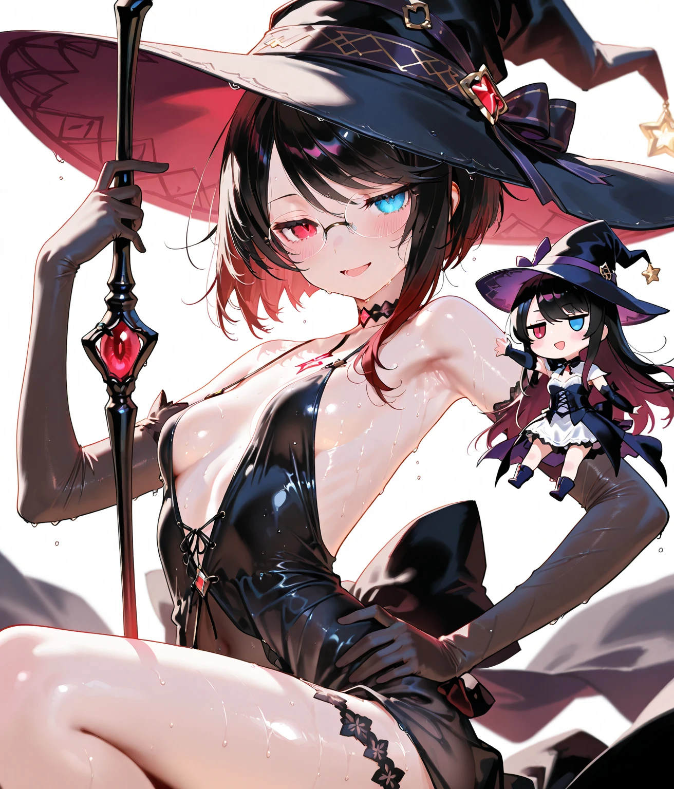 witch,Cape,hat,Navel sticking out,Shoulder,Starry Sky,Moonlit Night,Frills,woman,Navy Blue Hair,Red Eyes,naked,Mucus,Tentacles,octopus,Be entangled,Wet with sweat,Toned body,Huge breasts