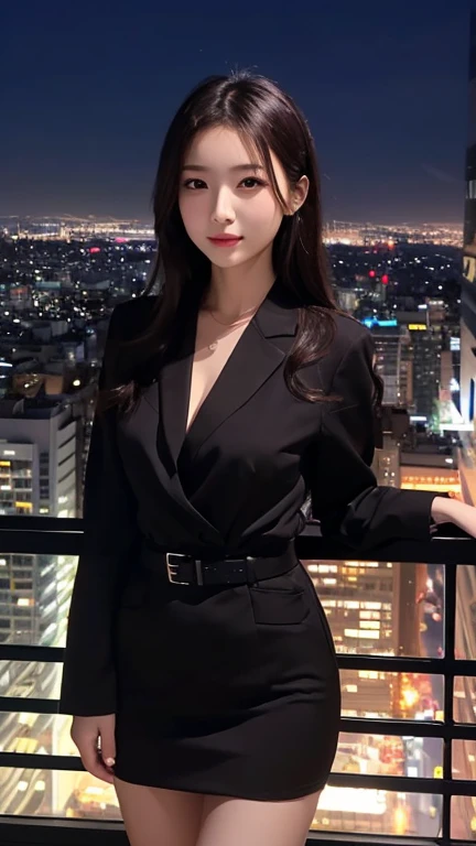 ultra-detailed, 16k, highres, original, wallpaper, masterpiece, realistic, photorealistic, raw photo, best quality, anatomically correct, 1girl, slender, glamor, cleavage, petite, collarbone, , black hair, long hair, straight hair, Tyndall effect, moody lighting, light smile, outdoor, hand_on_hip, hair scrunchie, night, moon, stars, cafe, overcoat, yokozuwari, sitting,black pantyhose <lora:girl sun yan_20230625152508:1>