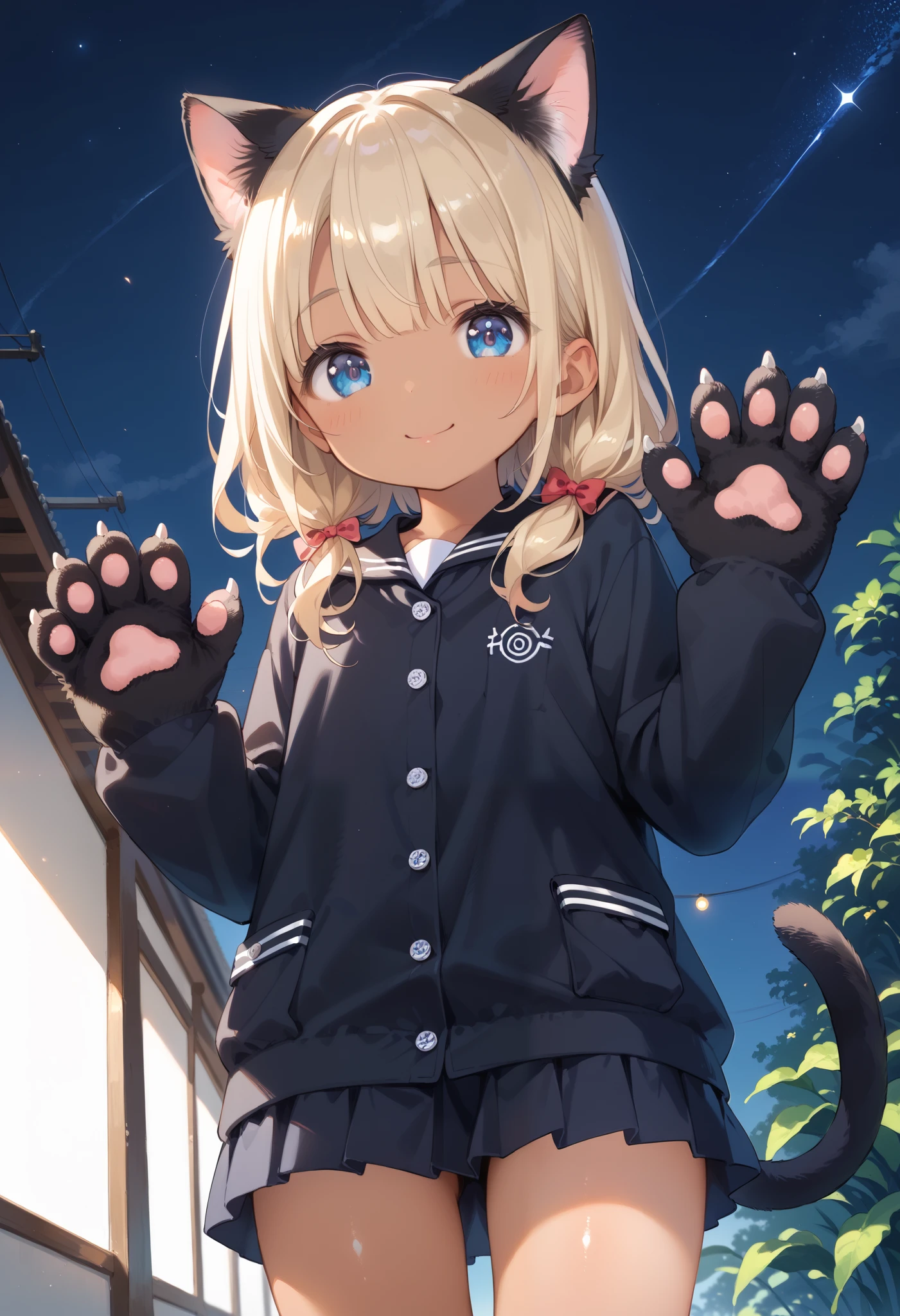 score 9, score 8 up, score 7 up,source anime,masterpiece,beautiful eyes,textile shading, custics,extremely detailed CG, shiny skin,8k,ultra-detailed,incredibly absurdres,amazing shading,cinematic lighting,high resolution ,(1 :1.3),(li,,el.3),cute,,6 old, ,From below. (tanned s,blonde hair, blue eyes:1.2),(Suntanned skin)
,smile BREAK Imagine a night where the sky is a canvas of stars, the air is crisp, and the silence is so profound you can almost hear the stars twinkling. This setting is about capturing the vastness of the universe and the small, magical moment of being beneath it.,BLA4CKC4T, cat ears, animal ears, animal hands, tail