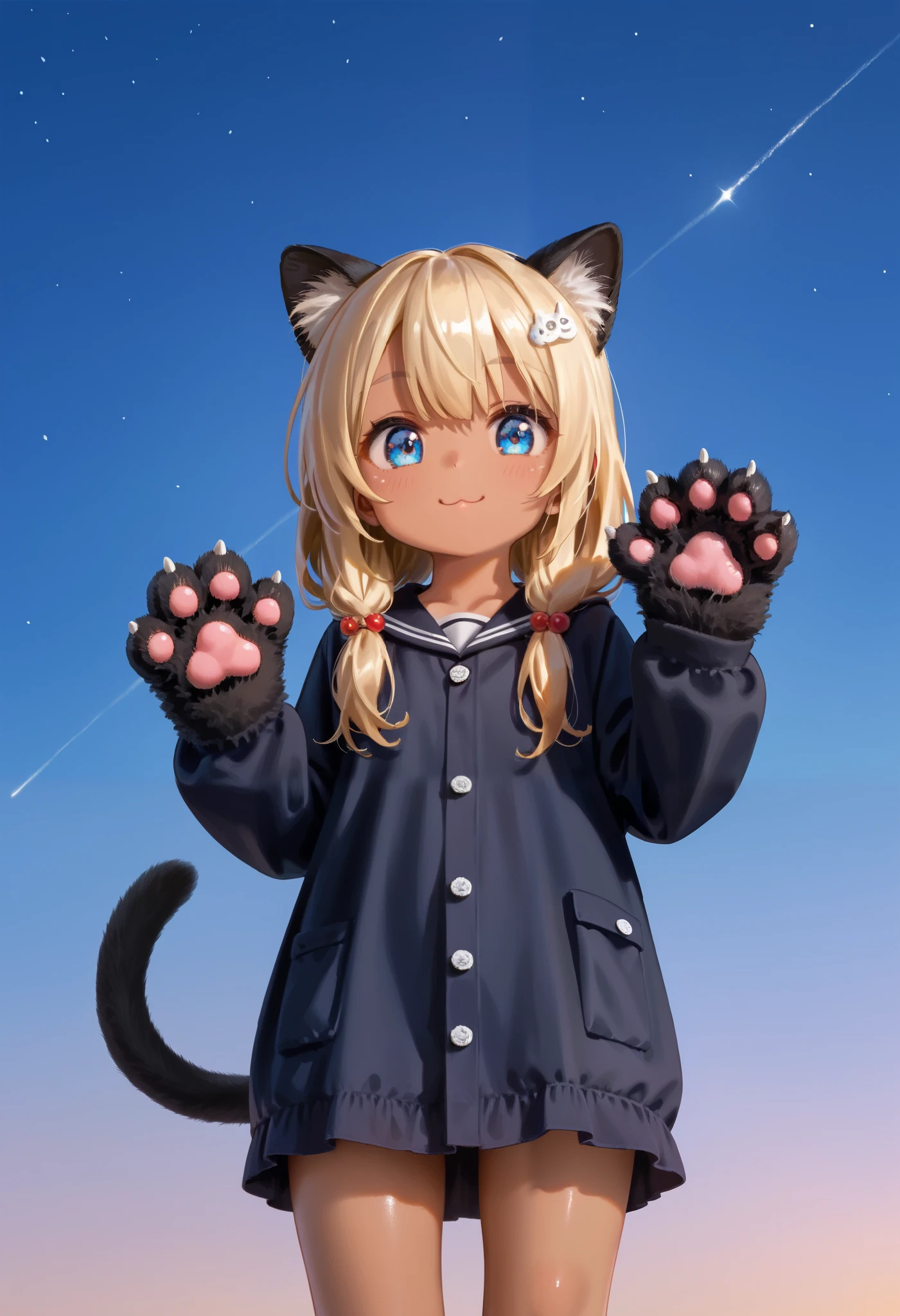 score 9, score 8 up, score 7 up,source anime,masterpiece,beautiful eyes,textile shading, custics,extremely detailed CG, shiny skin,8k,ultra-detailed,incredibly absurdres,amazing shading,cinematic lighting,high resolution ,(1 :1.3),(li,,el.3),cute,,6 old, ,From below. (tanned s,blonde hair, blue eyes:1.2),(Suntanned skin)
,smile BREAK Imagine a night where the sky is a canvas of stars, the air is crisp, and the silence is so profound you can almost hear the stars twinkling. This setting is about capturing the vastness of the universe and the small, magical moment of being beneath it.,BLA4CKC4T, cat ears, animal ears, animal hands, tail