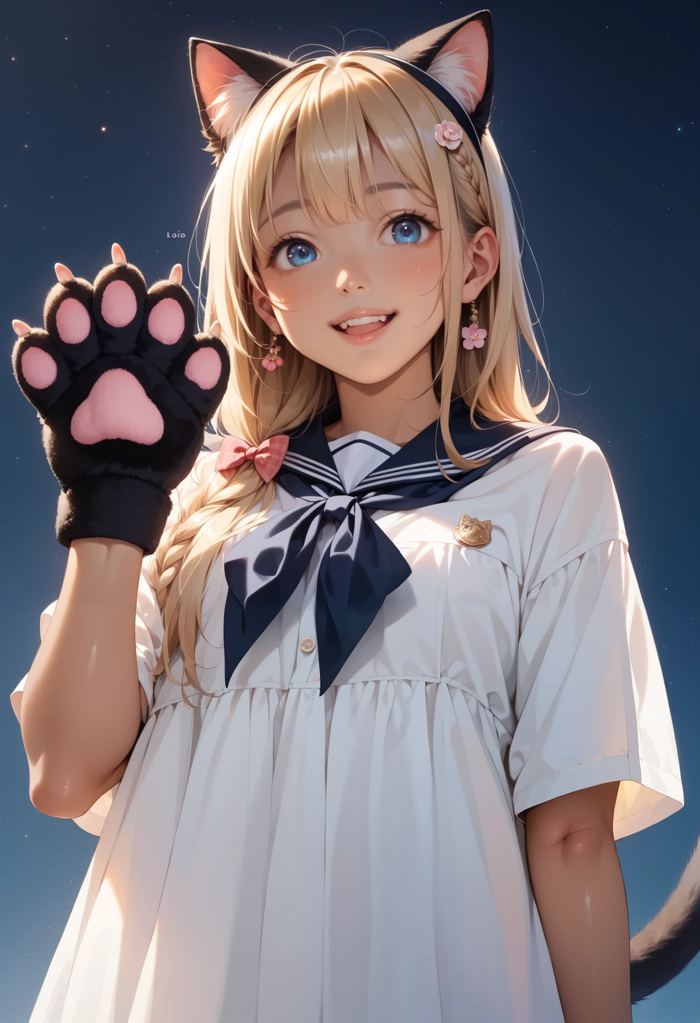 score 9, score 8 up, score 7 up,source anime,masterpiece,beautiful eyes,textile shading, custics,extremely detailed CG, shiny skin,8k,ultra-detailed,incredibly absurdres,amazing shading,cinematic lighting,high resolution ,(1 :1.3),(li,,el.3),cute,,6 old, ,From below. (tanned s,blonde hair, blue eyes:1.2),(Suntanned skin)
,smile BREAK Imagine a night where the sky is a canvas of stars, the air is crisp, and the silence is so profound you can almost hear the stars twinkling. This setting is about capturing the vastness of the universe and the small, magical moment of being beneath it.,BLA4CKC4T, cat ears, animal ears, animal hands, tail