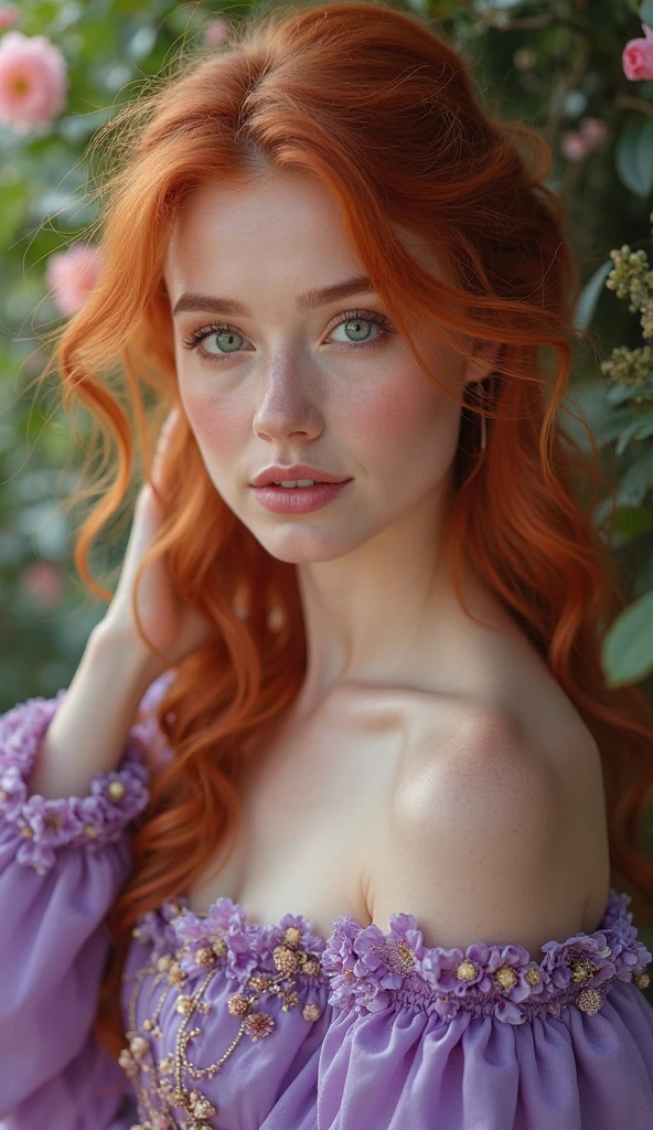 A sultry farm girl poses confidently, gazing directly into the camera lens. She sports fiery red locks, freckled skin, and piercing green peepers. A braided crown adorns her ginger hair, framing her striking features. Luscious lingerie hugs her curvaceous hourglass figure, accentuating thick thighs and a notable thigh gap. Her athletic physique is on full display as she strikes a seductive pose, five fingers splayed across her knees. A perfect, cute face radiates an inviting charm, making the viewer feel like they're being pulled into her gaze.