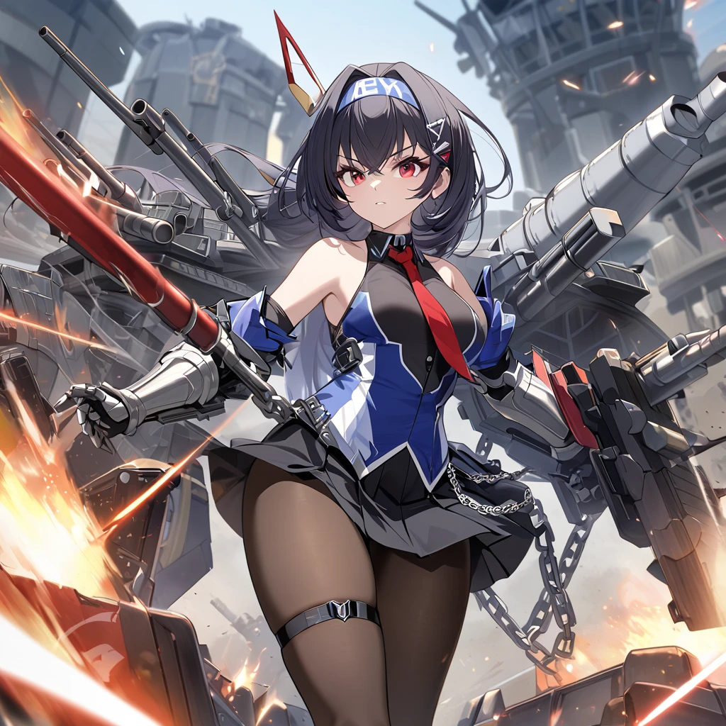 (masutepiece, Best Quality), (Perfect athlete body:1.2), (detailed hairs), Ultra-detailed, Anime style, Full body, Cyberpunk Ninja Gunner Girl, Wearing Techwear, Red Accessories, Wielding a huge high-tech gun, Black and white hair, stew, Mechanical arm guard, Wear high-tech boots, 8K High Resolution, trend artstation, White background, Standing in the wasteland, Whole body,