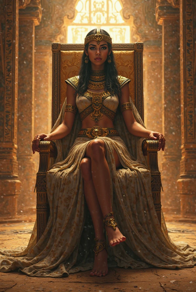 An Arafe woman wearing a costume holding a sword and sitting on a chair, beautiful cleopatra, Egyptian princess, cleopatra, Close shot of the goddess in the movie, Movie-like goddess body shots, cleopatra in her palace, beautiful goddess, beautiful fantasy empress, Egyptian style, ancient goddess, black emma watson as Egyptian, Queen of the Goddesses, movie goddess shot, Egyptian, beautiful leo goddess