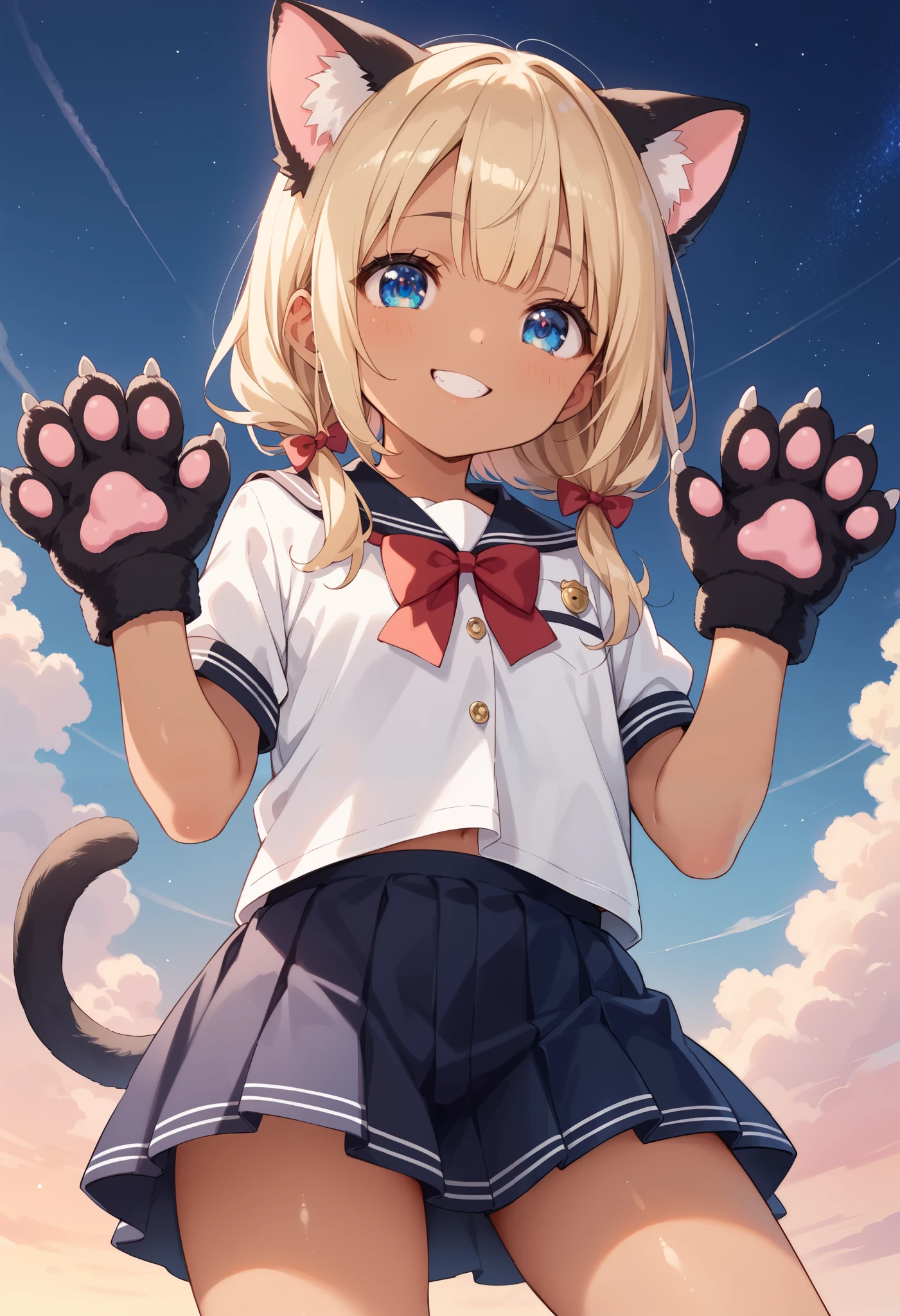 score 9, score 8 up, score 7 up,source anime,masterpiece,beautiful eyes,textile shading, custics,extremely detailed CG, shiny skin,8k,ultra-detailed,incredibly absurdres,amazing shading,cinematic lighting,high resolution ,(1 :1.3),(li,,el.3),cute,,6 old, ,From below. (tanned s,blonde hair, blue eyes:1.2),(Suntanned skin)
,smile BREAK Imagine a night where the sky is a canvas of stars, the air is crisp, and the silence is so profound you can almost hear the stars twinkling. This setting is about capturing the vastness of the universe and the small, magical moment of being beneath it.,BLA4CKC4T, cat ears, animal ears, animal hands, tail