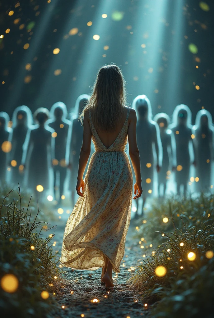 People made of light walking in defile on a Road, Background heavenly, write with light "Walking Lights" at the bottom
