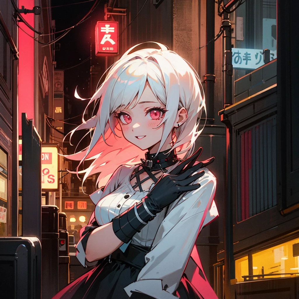 1girl, white hair, short twintails, extremely happy, cheerful, pink eyes, wearing plain black shirt, pink skirt, black leggings, city, absurdres, high res, ultrasharp, 8K, masterpiece, looking at viewer, no hat, holding two big orange glowsticks