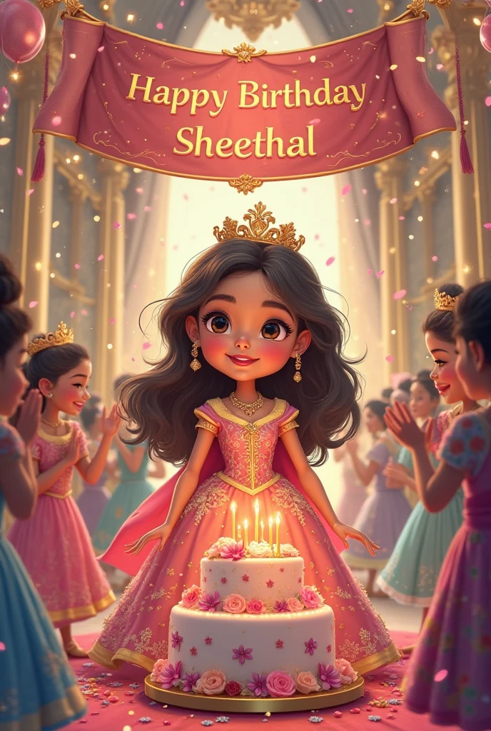 A realistic image of a cute little indian baby girl as a Princess, with open hair, in very big and beautiful house and in house there are all around gold , wearing a crown and a royal attire and she is very very beautiful and gorgeous and besides her is a large size '2' cutout , indicating that its her second birthday. Bright, bold and colorful image, Flower garlands can be seen hanging from the palace archs, seems like a celebration time in the palace