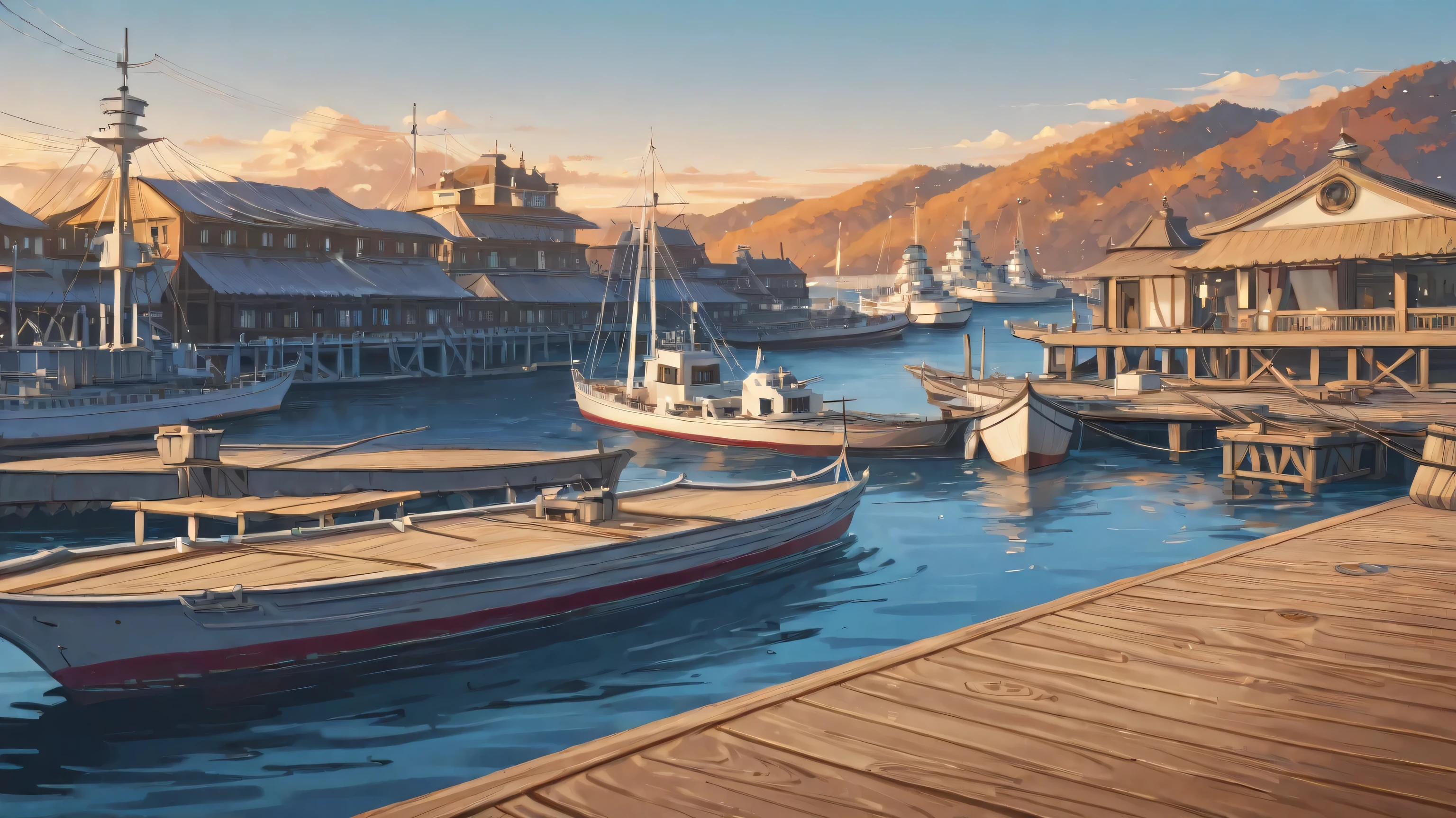 A wooden dock scene, featuring several large sailing ships moored alongside. The ships are light brown/tan, with white sails. The dock is made of light brown wooden planks, and various crates, barrels, and sacks of cargo are scattered around the area, creating a sense of a bustling port. The water is a teal color, and the sky is a light blue. The scene is bathed in bright, natural light, suggesting a sunny day. The composition is wide and panoramic, showcasing the dock and ships from a perspective slightly above the dock's surface. Several lampposts and signage are on the dock, adding detail. The overall style is realistic, yet stylized, with a focus on clear lines and shapes, suggesting a digital painting or illustration. The perspective is from the dock level, looking outwards toward the ships and sea. The ships are arranged in a slightly diagonal manner, with the middle ship positioned more prominently in the image. The atmosphere is calm and peaceful, suggesting a moment of quiet activity at the port.