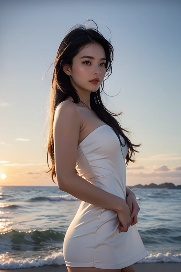 Japanese Girls, (Baby-faced beautiful girl:1.2, Idol Face), Delicate skin, Delicate areas, Detailed Description, Beautiful Eyes, Calm scenery, Beautiful beach with a promenade, Fluffy white clouds in a blue sky, The sound of waves crashing on the shore, A summer breeze carrying the scent of the season. , Bright sunlight emitting a warm glow, (Flowing, smooth hair, Hair blowing in the wind:1.3), (Highest quality, 4K, 8K, High resolution, masterpiece: 1.2), Very detailed, (Realistic, Realistic, Realistic: 1.37), (Detailed facial features, Beautiful attention to detail, Beautiful lip detail, Very detailed目と顔), (Professional photography techniques), Beautiful breasts, Small beautiful butt, Slender body line, ((Long eyelashes, double eyelid)), Calm, quiet, peaceful, Idyllic, Warm colors, Golden Hour Lighting, Cinematic, dream-like, Nostalgia, landscape, Natural light, (Detailed hands:1.2, Beautiful little hands of a girl:1.3, Clenching hands)