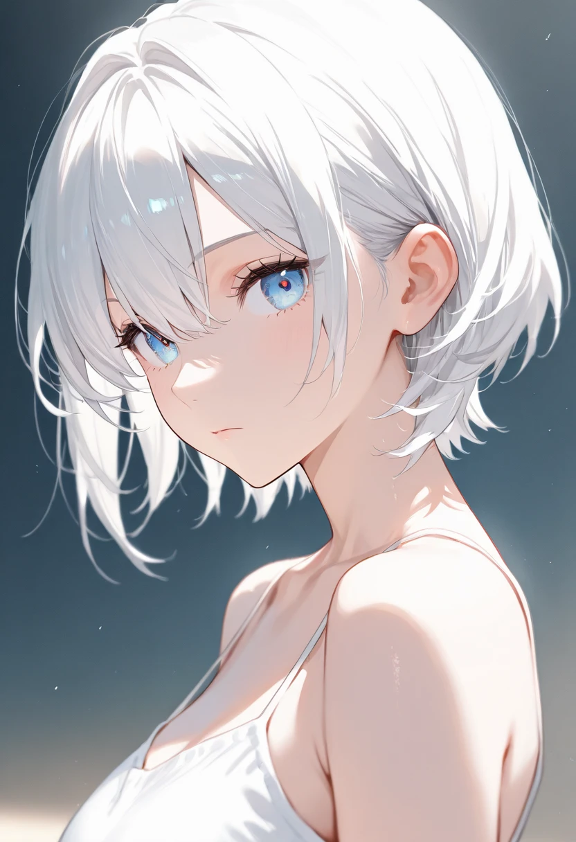 ((best quality)), ((masterpiece)), (detailed), perfect face,1 busty girl, White hair, short hair, white bikini, Blue eyes, black background,