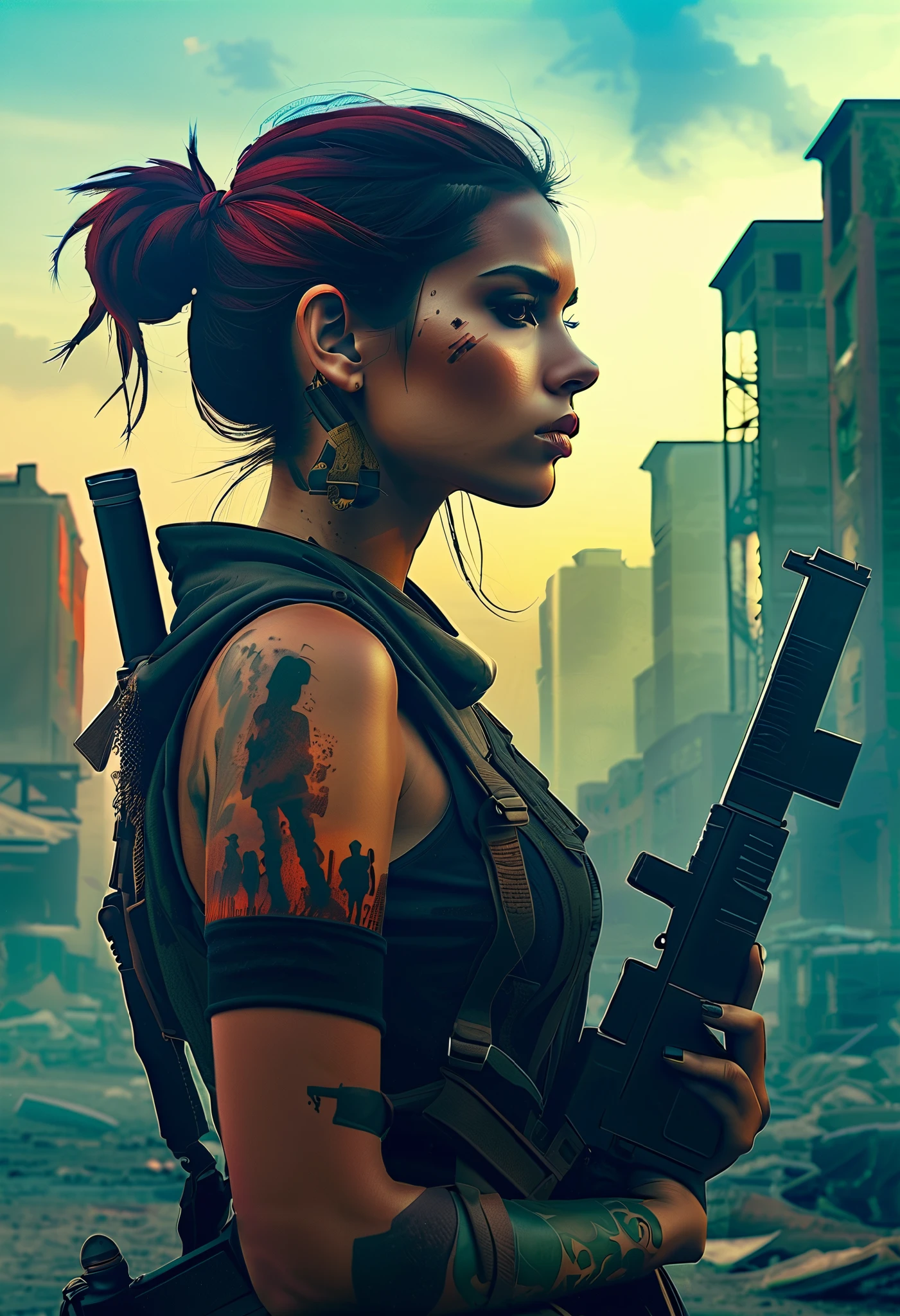 character design, double exposure shot, front profile of post-apocalyptic girl holding a gun filled with a ruined city and people --ar 2:3 --v 4