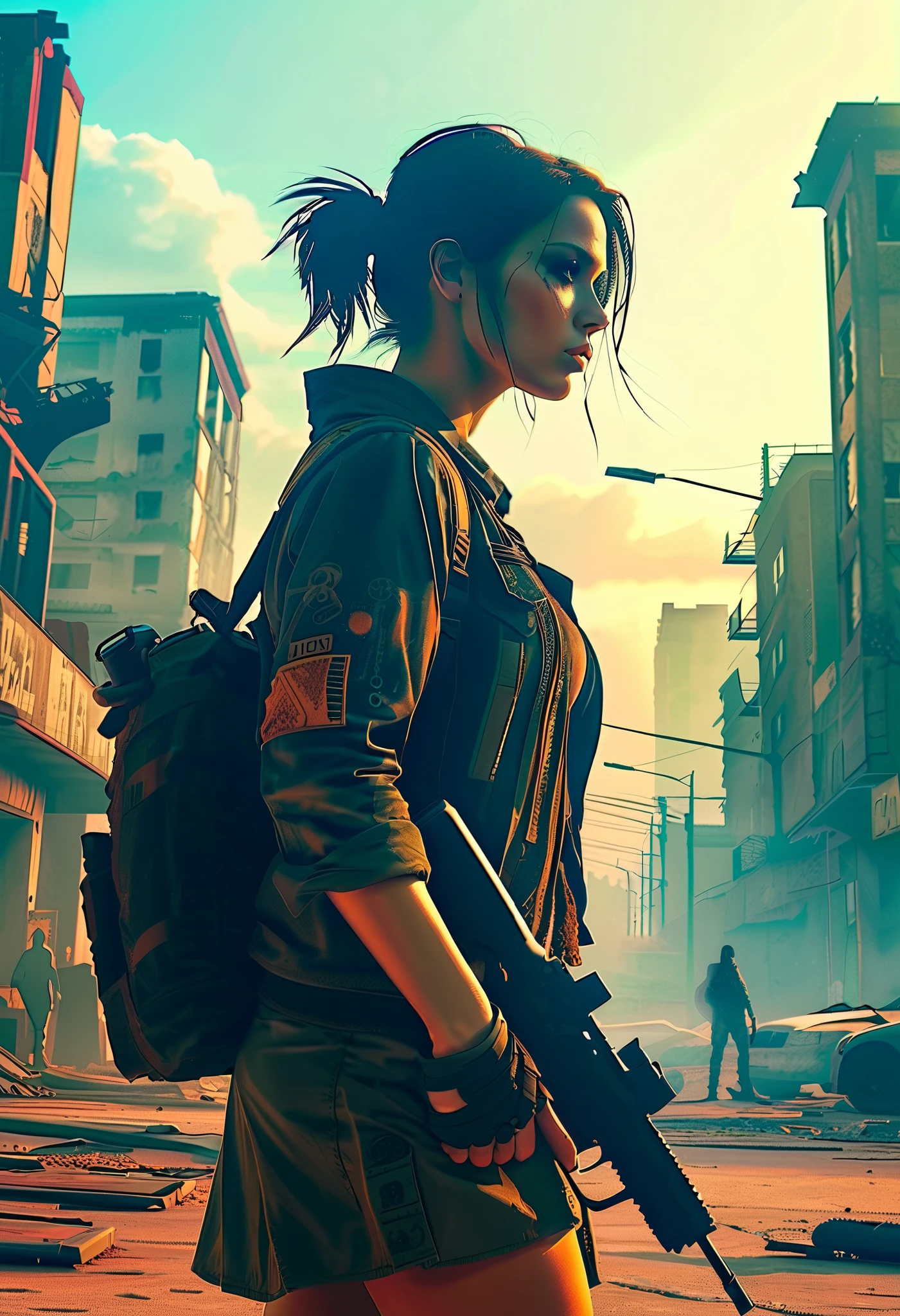 character design, double exposure shot, front profile of post-apocalyptic girl holding a gun filled with a ruined city and people --ar 2:3 --v 4