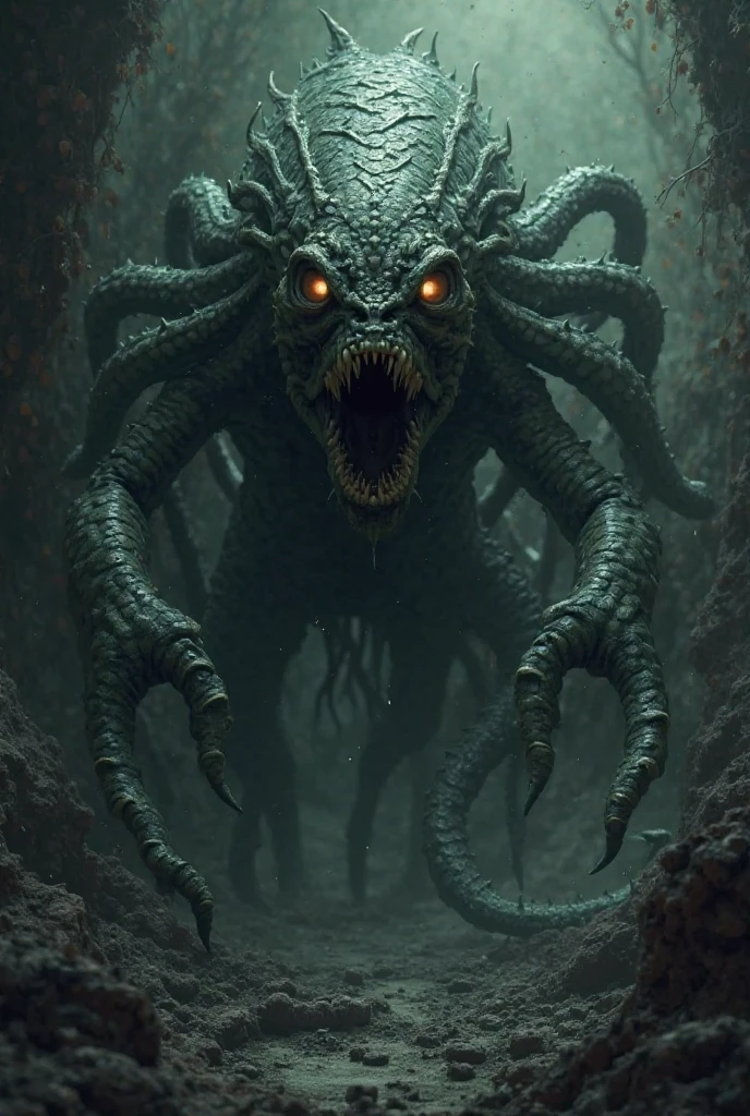 An eel-like creature that has scales and membranes, and the size is big, and on his head there are countless hands and in the middle there is a face that resembles the face of a human woman , describe him as horrible as possible!