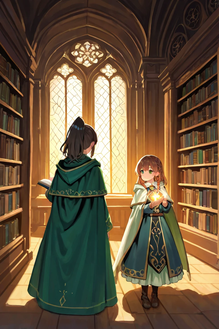 ((best quality)), ((masterpiece)), (detailed), Perfect face, girl, , Red hair, short hair,Brown skin,Yellow eyes,Fantasy style, Off-shoulder dress,white,necklace,Backless,Elf ears,Huge Breasts,Magic book,library