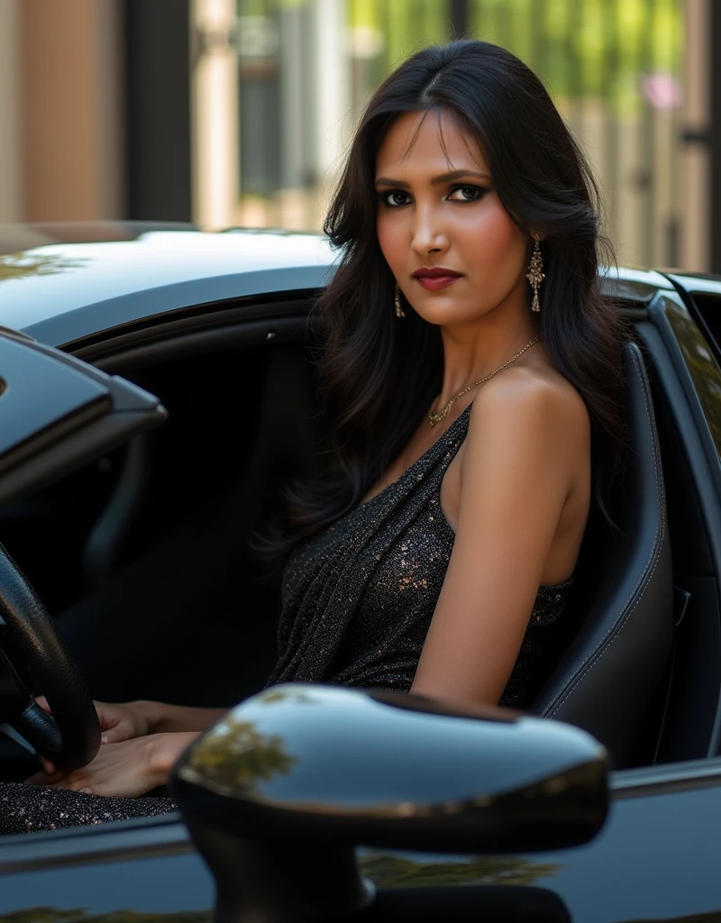 Olivia Munn, echoing the enchanting allure of the roaring twenties, her hair fashioned in a shingle cut, evoking the Gatsby era, dressed in entrancing 20s attire, set against the stunning backdrop of Ferrari SF90 Spider, city street, panorama view,