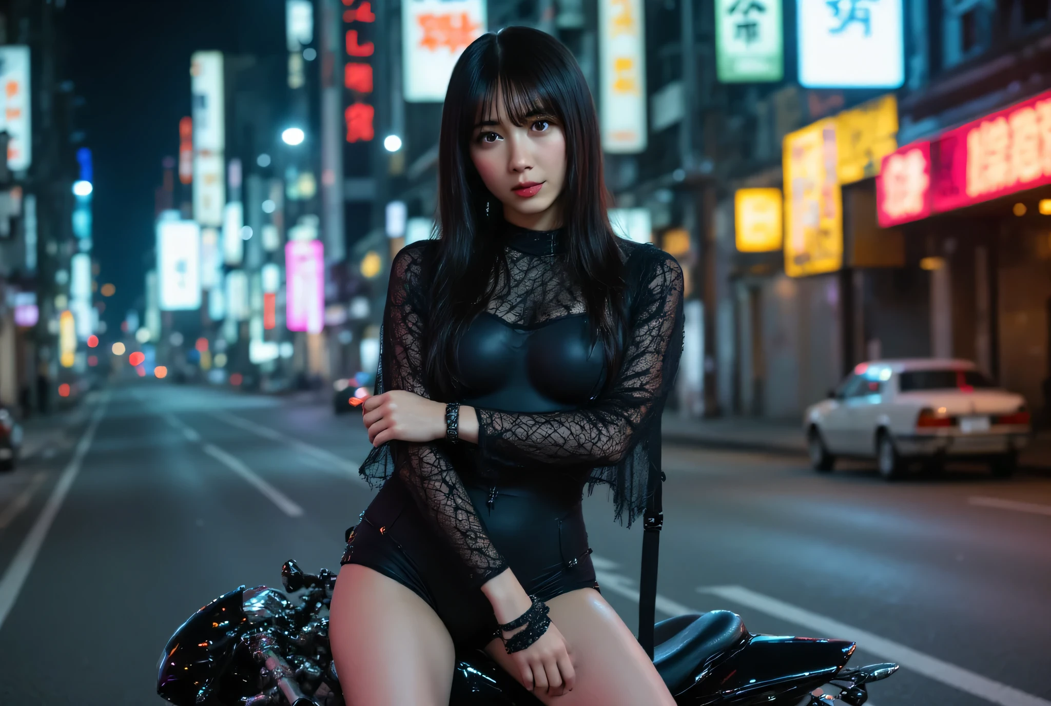 (((Night-foggy expressway:2.0))),((( HR Gigger Style Cyberpunk Atmosphere :2.0))),((Ride a black tron-style motorcycle:2.0)),(((Ride a large cyberpunk white motorbike:2.0))),((full body:2.0)),one woman,(cute face),(Beautiful well-balanced face ),((long hair with bangs:2.0)),( black hair:1.5),(beautiful eyes:1.3),glamorous shot of a 20-year-old Japanese woman, Slender Beautiful Body ,((model body type:2.0)),(( slim body with hot water:1.7)),perfect body line,Ideal Proportions,((big breasts:2.0)),((F cup chest wearing:1.5)),Big Breasts,Bare thighs,sensual thighs seen from below the crowd,delicate body,( Muscular:1.7),A harmonious posture,((Realistic breast depiction :1.7)),carefully depicts limbs based on perfect anatomy,((futuristic samurai style black super high leg leotard:1.5)),((SUPER HIGH LEG LEOTARD MADE IN FIT CAMY STYLE LATEX:1.5)),((military coat-style black kimono with an open front over a leotard:1.5)),(ear monitor:1.5),((Tactical Holster:1.5)),(gloves:1.3),concept art,(Best Quality:1.5),(masterpiece:1.5),(超高resolution),resolution,UHD,( delicate depiction), carefully drawn with butterfly wings ,32K,((realistic skin texture:1.5)),((( super realistic :1.5))), eyelashes,very detailed face,Highly detailed female hand, Sexy appearance ,Very sensual,(Blurry Dim Backgrounds :1.5),professional photo shoot,(movie light:2.0),(( Blade Runner Style Lights :2.0))