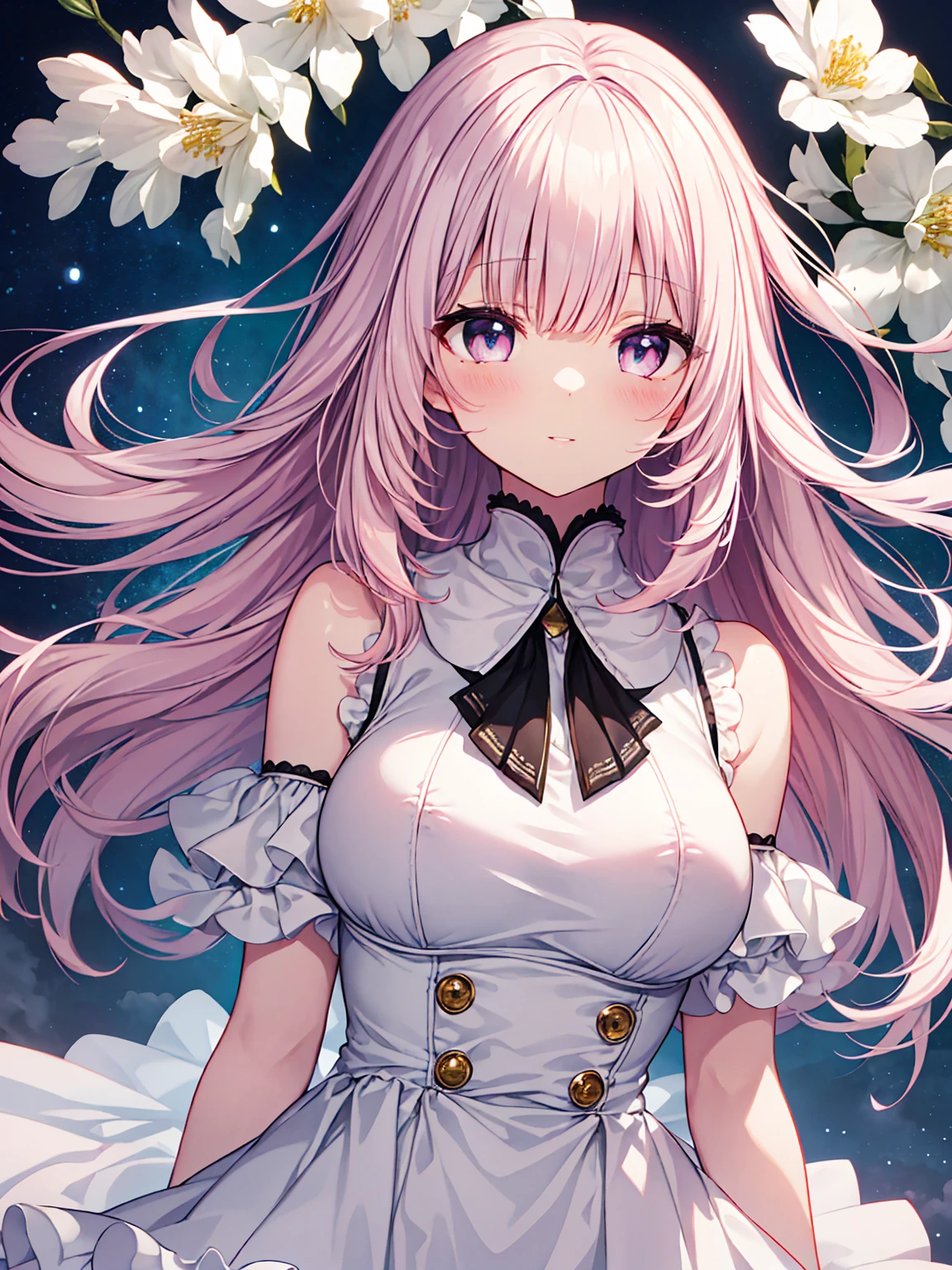 Obra-prima 8K superlativa, mulher anime, Retrato realista do vento frio, Sister, mulher de cabelo longo branco prateado, cabelos longos, light pink lips, franja calma e racional, pupilas cinzentas, fundo da flor, petals dancing, rosto delicado