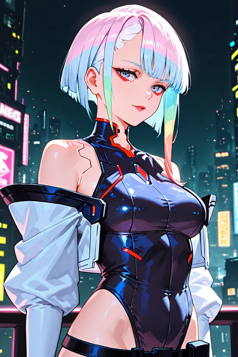 (masterpiece), best quality, expressive eyes, perfect face, 1female, face feature is like lucy from cyberpunk edgerunners , front facing camera, 25 years old，perfect breasts，wearing off-shoulder jacket and leotard like lucy in cyberpunk edgerunners, body facing front, Pornographic exposure，（Background with：cyberpunk skyline ） hair is exactly like Lucy on cyberpunk edgerunners，hail，Big chest， image taken From the front side，Petting the ，mostly cloudy sky，（tmasterpiece），（Very detailed CG unity 8K wallpaper），best quality，cinematic lighting，detailed background，beautiful detailed eyes，Bright pupils，（Very fine and beautiful），（Beautiful and detailed eye description），ultra - detailed，facing at camera，A high resolution，ultra - detailed），Sex slaves，standing on your feet，Smiling，Flushed complexion，is shy, Chest sagging，Camel toes，extremely large bosom，Extremely colorful，Most detailed，head to thighs photo，The face is well lit, costume is influenced by cyberpunk edgerunners but with lewd elements and sexiness, symmetrical costume feature, kitsch style costume, bare shoulders, augment traces in skin like in edgerunners