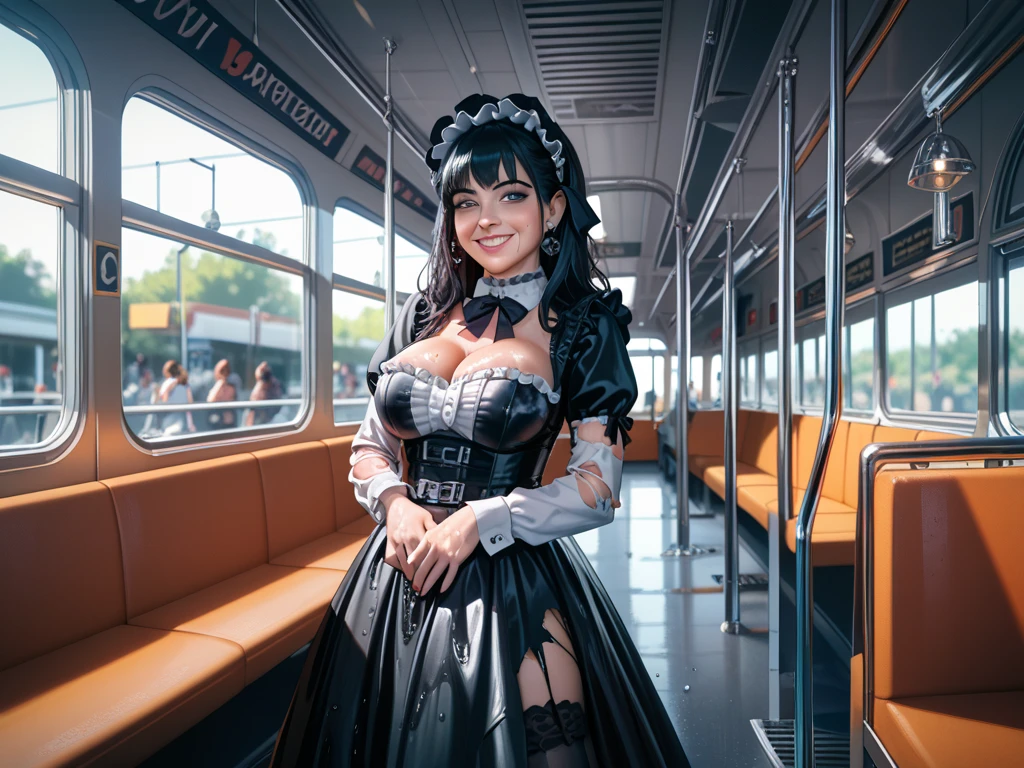 1 woman in black maid outfit with white skirt, white stockings, and tight corsets, showcasing immense curves, Mohawk hairstyle, extremely beautiful. Surrounded by elderly gentlemen who are admiring her. She playfully begins to show off, enjoying the attention. She's facing the viewer, smiling happily, in a futuristic subway setting. Anime style, a masterpiece, highest resolution, quality, detail, sharply focused, professional image