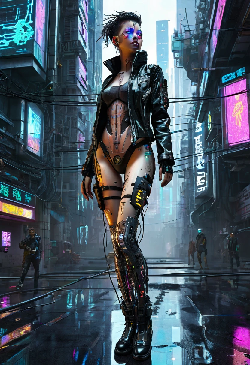 
cyberpunk style，30-year-old mature and charming woman，Leather jumpsuit and leather pants cover the whole body，High-heeled leather boots，，Beautiful，Glowing special effects，celluloid style，Flat coating，HD，CG art，comics，8K，looking into camera，high quality，illustration，Vaporwave style，rim light，movie lighting，Super detailed，complex，OC renderer，cinematic perspective，high resolution
