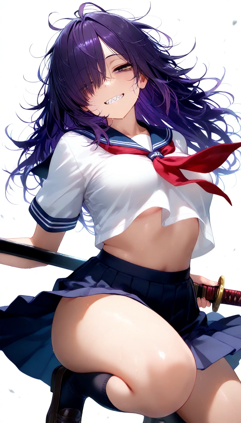 (masterpiece, best quality, amazing quality, very aesthetic, absurdres, newest:1), masterpiece,best quality,amazing quality, 1girl,solo,solo girl,long hair,dark purple hair, ((messy hair)), hair over one eye,bags under eyes , jitome ,half closed eyes,grin ,sharp teeth,medium breasts, (school sailor ),(holding katana ), arms front,jumping,dynamic pose,dynamic angle ,face close up,white background,