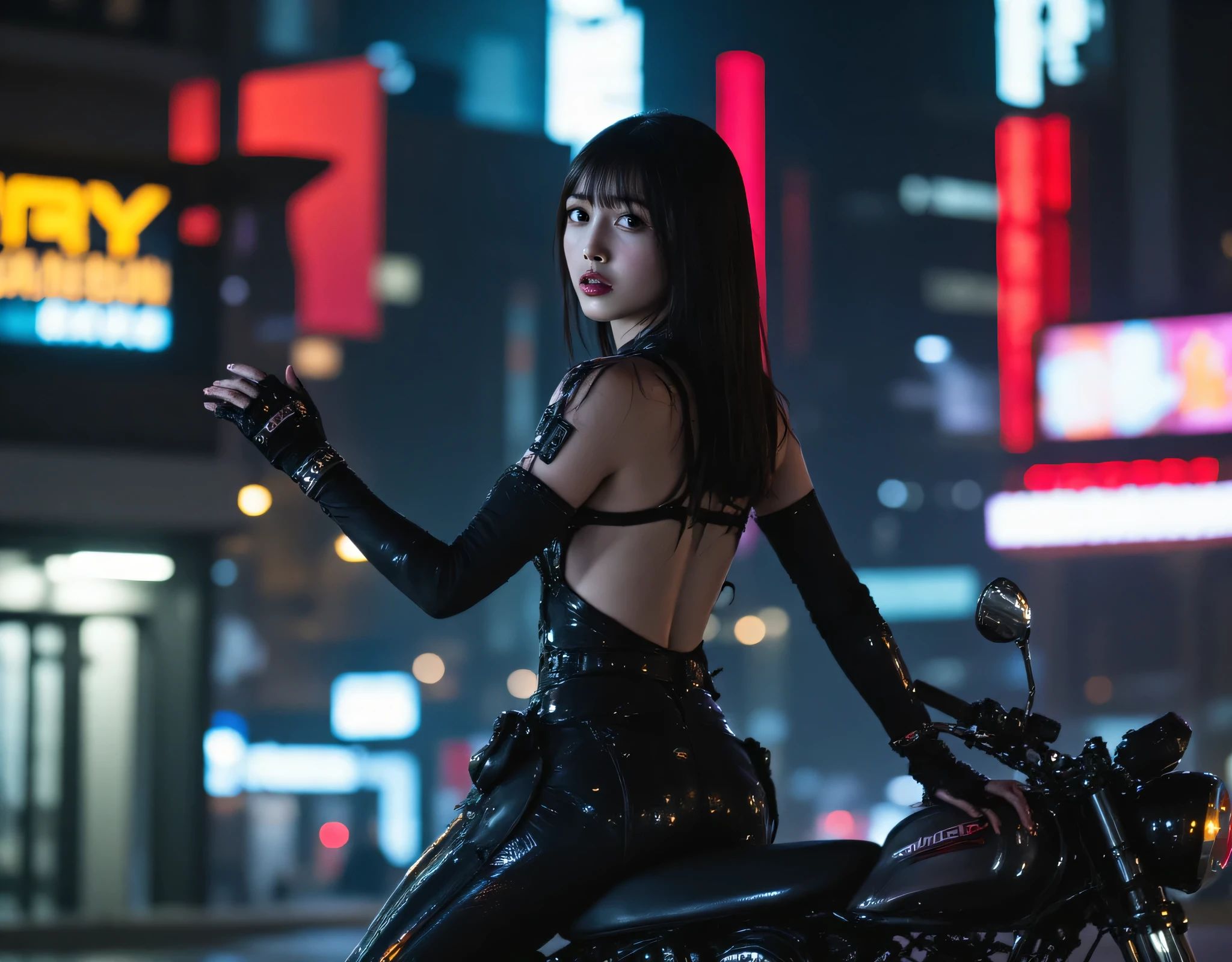 (((Night-foggy expressway:2.0))),((( HR Gigger Style Cyberpunk Atmosphere :2.0))),((Ride a black tron-style motorcycle:2.0)),(((Ride a large cyberpunk white motorbike:2.0))),((full body:2.0)),one woman,(cute face),(Beautiful well-balanced face ),((long hair with bangs:2.0)),( black hair:1.5),(beautiful eyes:1.3),glamorous shot of a 20-year-old Japanese woman, Slender Beautiful Body ,((model body type:2.0)),(( slim body with hot water:1.7)),perfect body line,Ideal Proportions,((big breasts:2.0)),((F cup chest wearing:1.5)),Big Breasts,Bare thighs,sensual thighs seen from below the crowd,delicate body,( Muscular:1.7),A harmonious posture,((Realistic breast depiction :1.7)),carefully depicts limbs based on perfect anatomy,((futuristic samurai style black super high leg leotard:1.5)),((SUPER HIGH LEG LEOTARD MADE IN FIT CAMY STYLE LATEX:1.5)),((military coat-style black kimono with an open front over a leotard:1.5)),(ear monitor:1.5),((Tactical Holster:1.5)),(gloves:1.3),concept art,(Best Quality:1.5),(masterpiece:1.5),(超高resolution),resolution,UHD,( delicate depiction), carefully drawn with butterfly wings ,32K,((realistic skin texture:1.5)),((( super realistic :1.5))), eyelashes,very detailed face,Highly detailed female hand, Sexy appearance ,Very sensual,(Blurry Dim Backgrounds :1.5),professional photo shoot,(movie light:2.0),(( Blade Runner Style Lights :2.0))