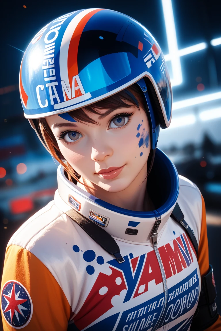 femme aux yeux bleu en uniforme de pilot de course avec les cheveux noir et des meches vertes et un casque de formule 1 sous son bras