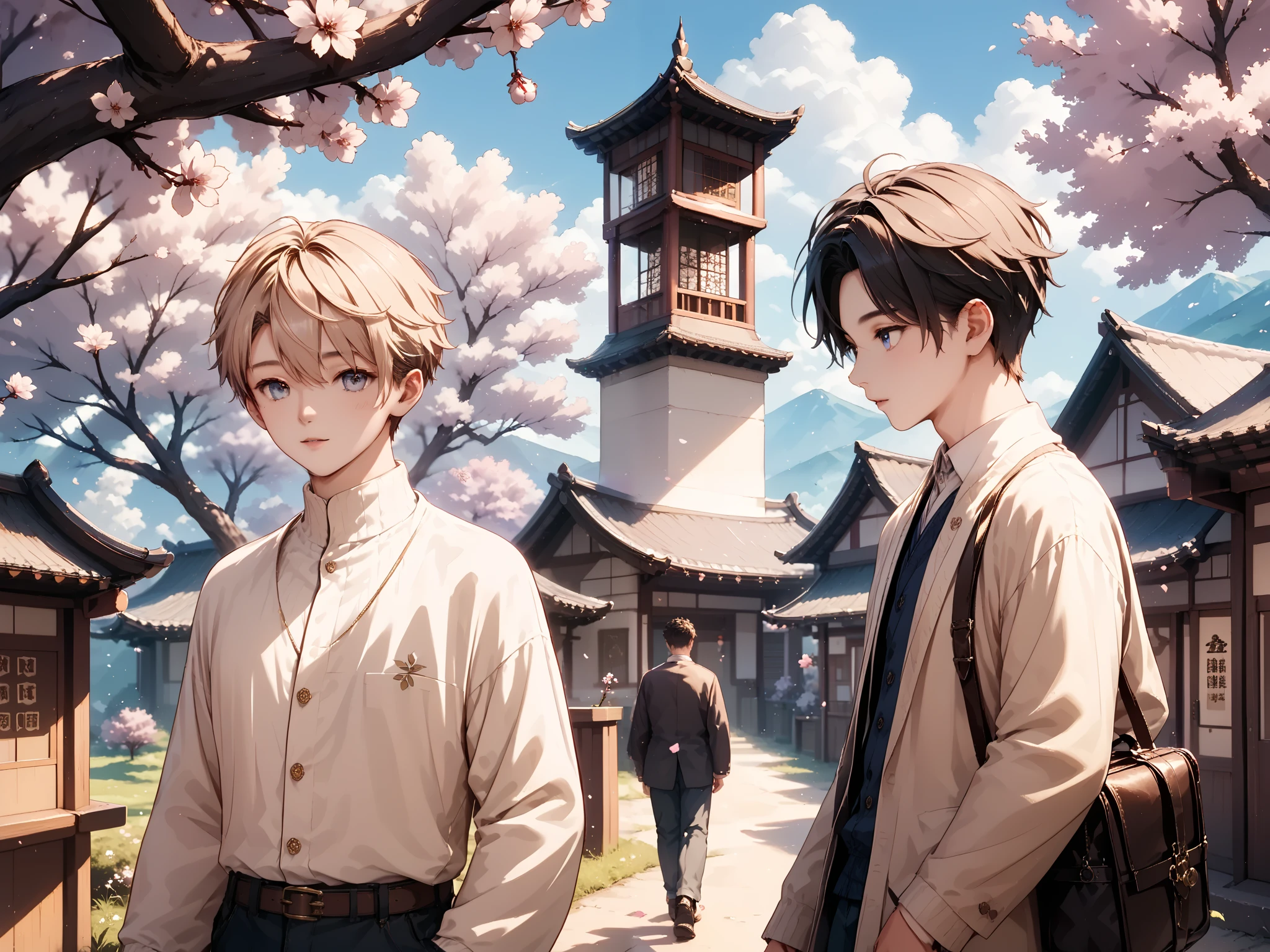 What is an image of a high school man and woman walking under a cherry tree while talking
