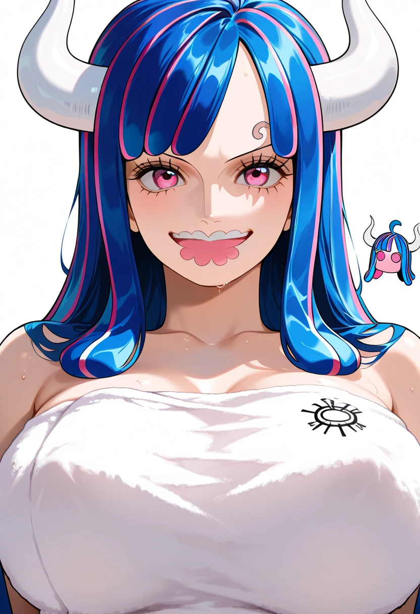 (masterpiece, Highest quality:1.4), Cinematic Light, colorful, High Contrast, (One girl), Alti OP, One Piece Anime, ((Large Breasts)), Multicolored Hair, Long Hair, Blue Hair, Pink Hair, bangs, horn, blush, Underarm, night, Blue Bikini