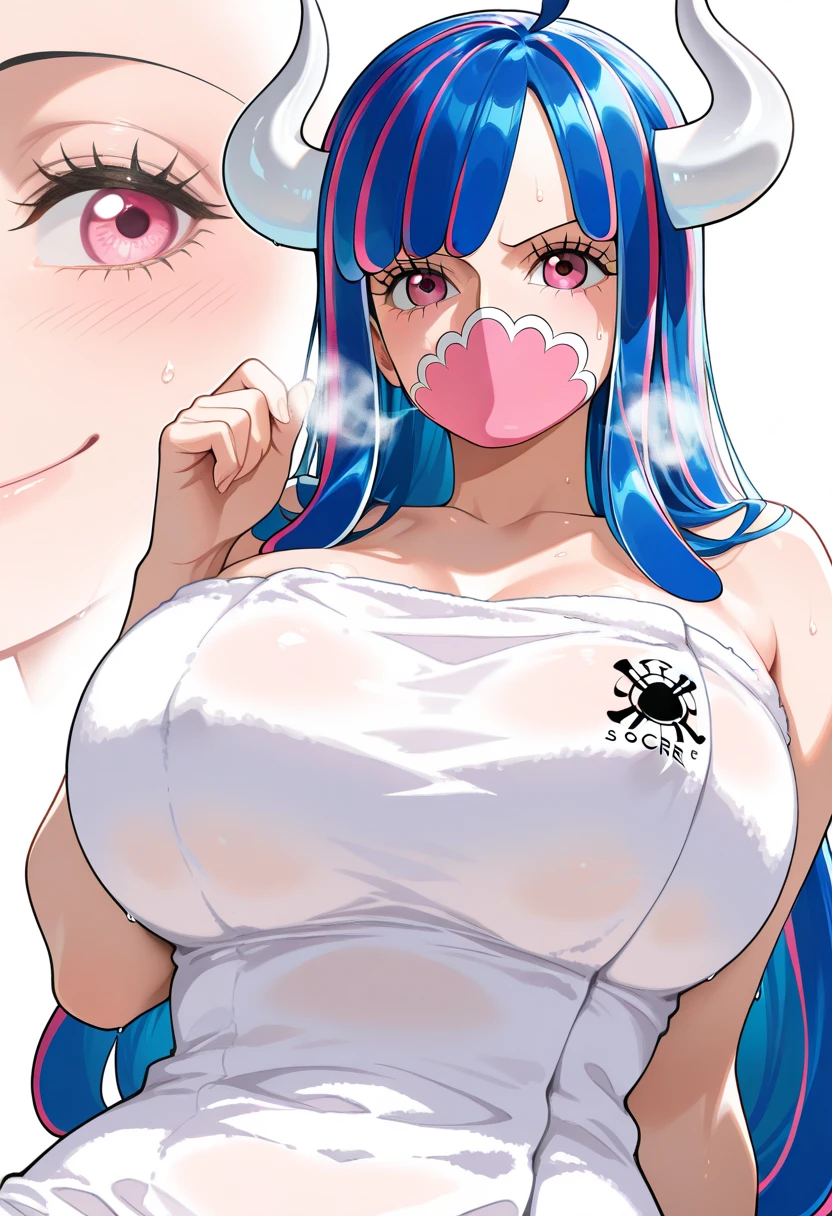 masterpiece, best quality, looking at viewer, upper body, portrait, looking at viewer, seductive smile, put your hands behind your head, armpits, armpits visible, sweaty armpits, ulti, very large breasts, long blue hair, wearing black croptop , no bra, wearing mask, have horn