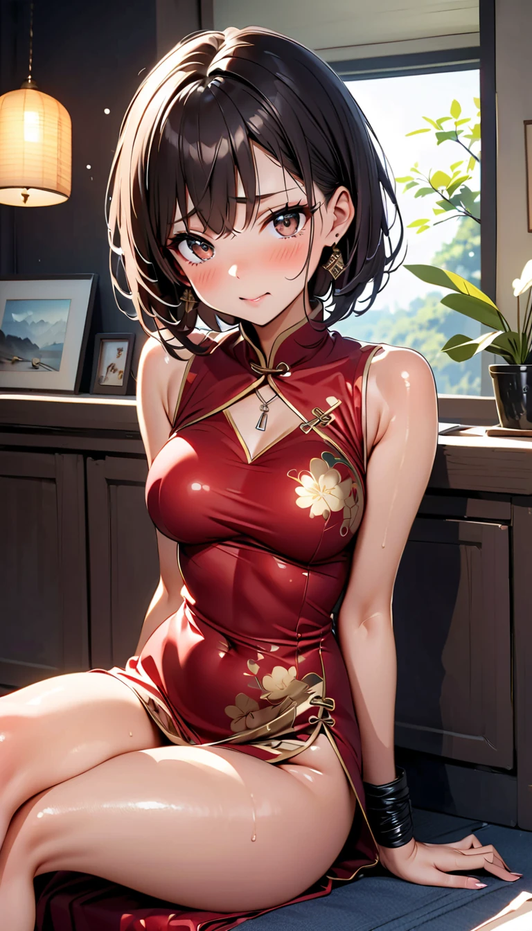 ((crimson Ao Dai It has gorgeous embroidery)), skindentation, skinny, solo, 1 woman, Masterpiece, highest quality, highest quality, 16K, incredibly absurd, highly detailed, 2.5D, ai-generated, delicate and dynamic, very delicate facial expressions, delicate eye depiction, erotic, only sexy woman, ((A cute and kind face)), healthy figure, 25-year-old woman, bride, 160cm tall, medium firm swaying bust, (dark hair), black eye, blush, Sweat,Embarrassed,sexy, ((thin thighs)), (Erect nipples:0.9), ((shiny and lustrous)), facing straight at viewer, ((brown_skin:1.5)), ((Oily_skin)), sweaty skin, wet skin, dutch angle, sexy pose, Dynamic poses,