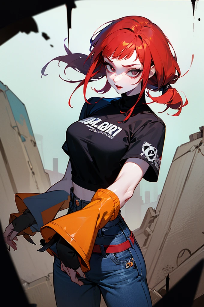 Imagen anime de una chica de cabello naranja y muy corto que es muy musculosa viste que un uniforme de colegiala muy ajustado y usa unos guantes negros