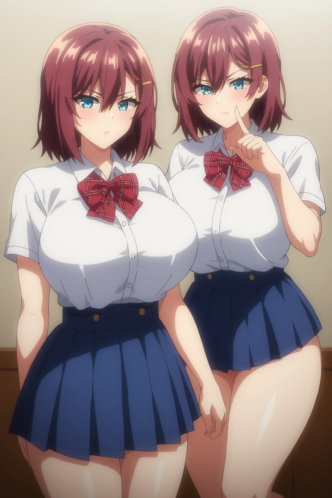 (2 girls) ,(Yukinoshita Yukino white lace panties).(Yuigahama Yui pink lace pants), classroom, uniform,,black blazer,shirt,(Yuigahama Yui has big breasts),(Yuigahama Yui opens her mouth),(no skirt),((shiny panties)),thighs,calf,pink sneakers,whole body,smile,from the front,anime 4k