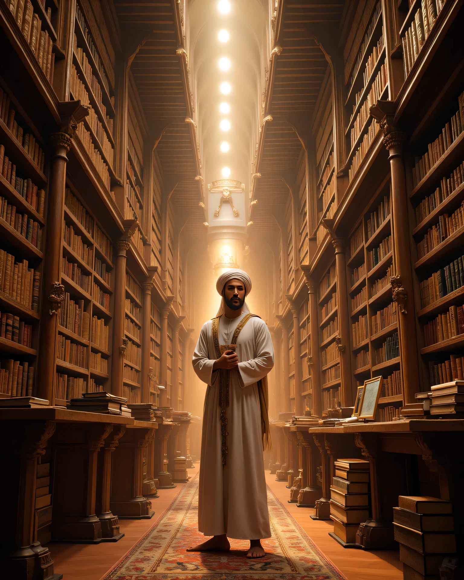 **Prompt:** Imagine a breathtaking archaic medieval library, filled with towering shelves of ancient tomes and glowing candlelight. In the center, showcase a handsome middle-age Arab scientist, dressed in a flowing, intricately designed Arabic robe and a traditional turban. He carries an anciently books and smiles warmly while looking towards the viewer, his features reminiscent of a blend of Christian Bale, Leonardo DiCaprio, and Ryan Gosling. The background features a large, ornate telescope lens frame, hinting at the scientific explorations of the past. Execute the scene in hyperrealistic detail using wide-angle techniques, capturing the golden hour light that bathes the library in a warm, inviting glow. Ensure ultra-realistic textures and a balanced composition that draws the eye to the scientist amidst the rich atmosphere of antiquity. Use techniques like depth of field for added realism, creating an awe-inspiring visual that tells a story of discovery and wisdom. Aim for a cinematic quality that resembles award-winning documentary photography, ensuring the depth of field enhances the rich details in this UHD ambience.