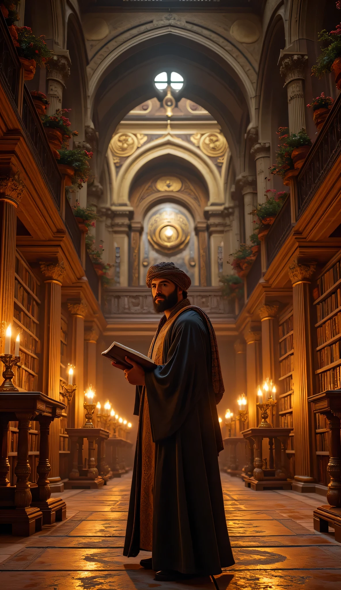 **Prompt:** Imagine a breathtaking archaic medieval library, filled with towering shelves of ancient tomes and glowing candlelight. In the center, showcase a handsome middle-age Arab scientist, dressed in a flowing, intricately designed Arabic robe and a traditional turban. He carries an anciently books and smiles warmly while looking towards the viewer, his features reminiscent of a blend of Christian Bale, Leonardo DiCaprio, and Ryan Gosling. The background features a large, ornate telescope lens frame, hinting at the scientific explorations of the past. Execute the scene in hyperrealistic detail using medium-angle techniques, capturing the golden hour light that bathes the library in a warm, inviting glow. Ensure ultra-realistic textures and a balanced composition that draws the eye to the scientist amidst the rich atmosphere of antiquity. Use techniques like depth of field for added realism, creating an awe-inspiring visual that tells a story of discovery and wisdom. Aim for a cinematic quality that resembles award-winning documentary photography, ensuring the depth of field enhances the rich details in this UHD ambience.