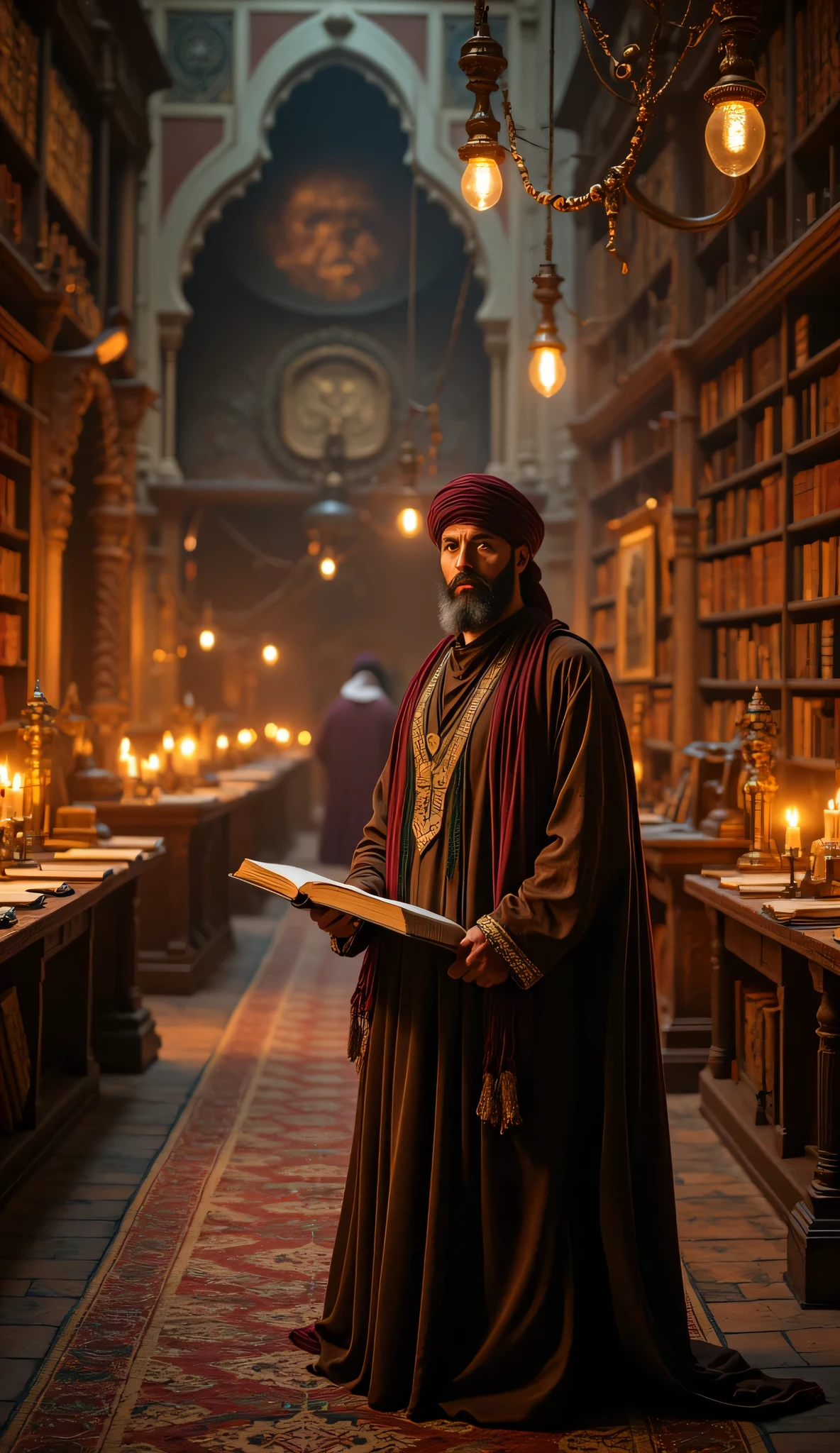 **Prompt:** Imagine a breathtaking archaic medieval library, filled with towering shelves of ancient tomes and glowing candlelight. In the center, showcase a handsome middle-age Arab scientist, dressed in a flowing, intricately designed Arabic robe and a traditional turban. He carries an anciently books and smiles warmly while looking towards the viewer, his features reminiscent of a blend of Christian Bale, Leonardo DiCaprio, and Ryan Gosling. The background features a large, ornate telescope lens frame, hinting at the scientific explorations of the past. Execute the scene in hyperrealistic detail using medium-angle techniques, capturing the golden hour light that bathes the library in a warm, inviting glow. Ensure ultra-realistic textures and a balanced composition that draws the eye to the scientist amidst the rich atmosphere of antiquity. Use techniques like depth of field for added realism, creating an awe-inspiring visual that tells a story of discovery and wisdom. Aim for a cinematic quality that resembles award-winning documentary photography, ensuring the depth of field enhances the rich details in this UHD ambience.