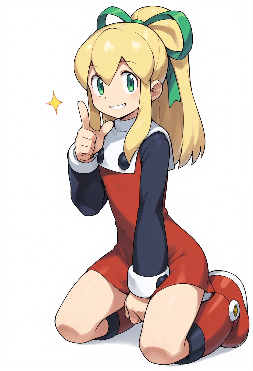 score_9, score_8_up, score_7_up, source_anime, solo, ishikawa hideki style, Roll (Mega man), long hair, bangs, green eyes, blonde hair, ribbon, hair ribbon, ponytail, green ribbon, flat chest, white background, nice legs, red dress, short skirt,, long sleeves, red boots, 1girl, pointing at viewer, full body shot, kneeling, , perfect legs spread, smile, nice body, from side,