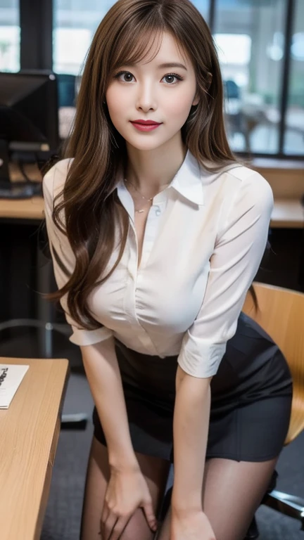(High resolution 8K) Masterpiece, best quality, realistic ((middle bust)) Hair in one eye, purple eyes, very large hoop earrings, sharp eyes, diamond choker, red gemstone necklace. (Symmetrical eyes) (The body is perfectly symmetrical. ), Elevated photo of a beautiful 20-year-old teenage girl, (Fit body), ((Sitting at a table in an office on the 30th floor, next to a large glass window overlooking the city.)), (black short skirt), (( The young woman wore an unbuttoned white short-sleeved shirt, her chest wide open.)) ((black short pencil skirt Skirt with slit in front of legs)), Square head leather belt, bob hair, side bangs, Blonde hair, Double eyelids, sharp eyeliner, Eyeshadow, blush and thick eyelashes. Very delicate and beautiful. Round chin. Sharp focus.. elegant. The study table is full. Turn your head with your legs open to eye level. Open your legs. Lift your right leg over your left leg. Allow your legs to open naturally, with your legs apart, a dynamic pose.((big breasts)),mahalaiuniform