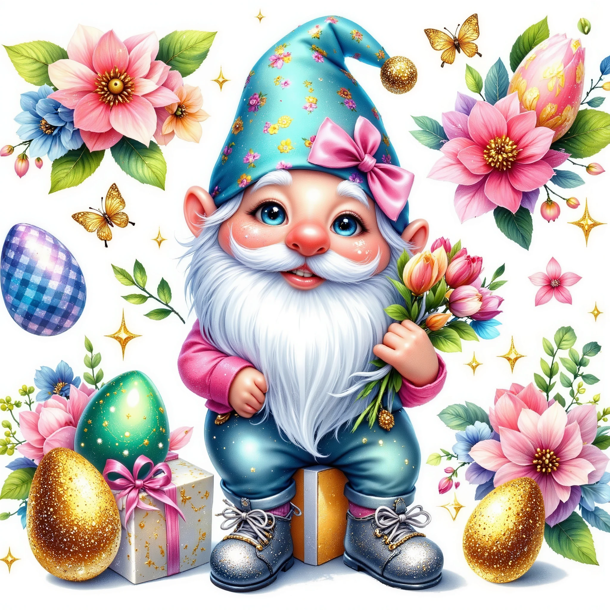 (((ultradetailed: 1.4))) a quirky very happy expressive emotions by Gabriel Pacheco and disney,glossing vibrant vivid, white-pink-applegreen-lazurblue, with metallicgoldlines and inkblacklines, with clear contours, single very cute flirtous little 5years easter GARDENGNOMEin spring flowers, isolated clipart on white background,gold detailes,highfashion pose,whole-body,by Gabriel Pacheco and disney and marina fedotova,whole-body clipart (ultraglossing gold: 1.4)