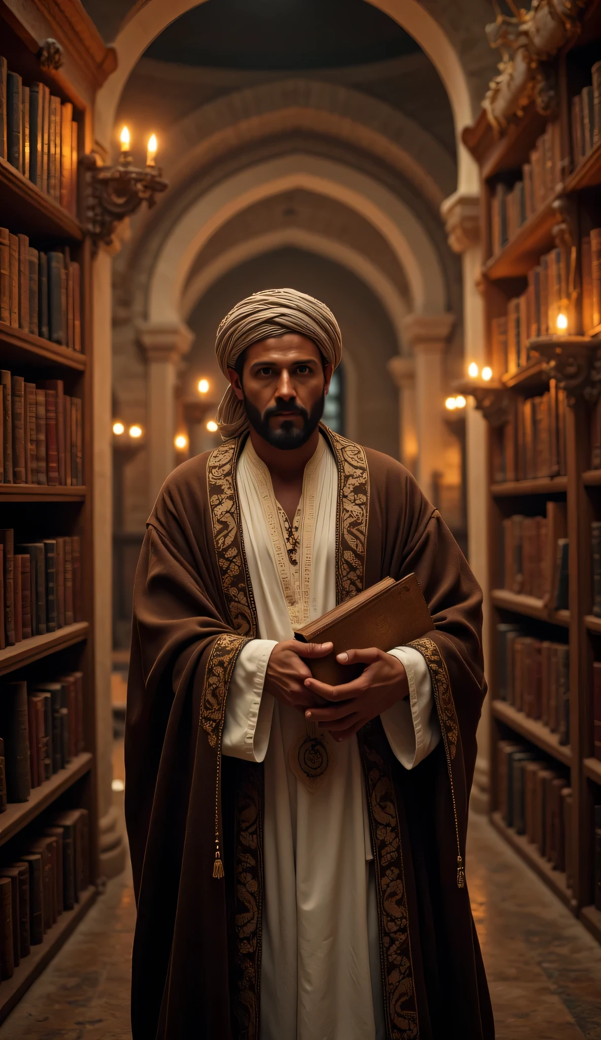 **Prompt:** Imagine a breathtaking archaic medieval library, filled with towering shelves of ancient tomes and glowing candlelight. In the center, showcase a handsome  middle-age Arab scientist, dressed in a flowing, intricately designed Arabic robe and a traditional turban. He carries an anciently books and smiles warmly while looking towards the viewer, his features reminiscent of a blend of Christian Bale, Leonardo DiCaprio, and Ryan Gosling. The background features a large, ornate bookshelves filled with ancient books, hinting at the scientific explorations of the past. Execute the scene in hyperrealistic detail using medium-angle techniques, capturing the golden hour light that bathes the library in a warm, inviting glow. Ensure ultra-realistic textures and a balanced composition that draws the eye to the scientist amidst the rich atmosphere of antiquity. Use techniques like depth of field for added realism, creating an awe-inspiring visual that tells a story of discovery and wisdom. Aim for a cinematic quality that resembles award-winning documentary photography, ensuring the depth of field enhances the rich details in this UHD ambience.