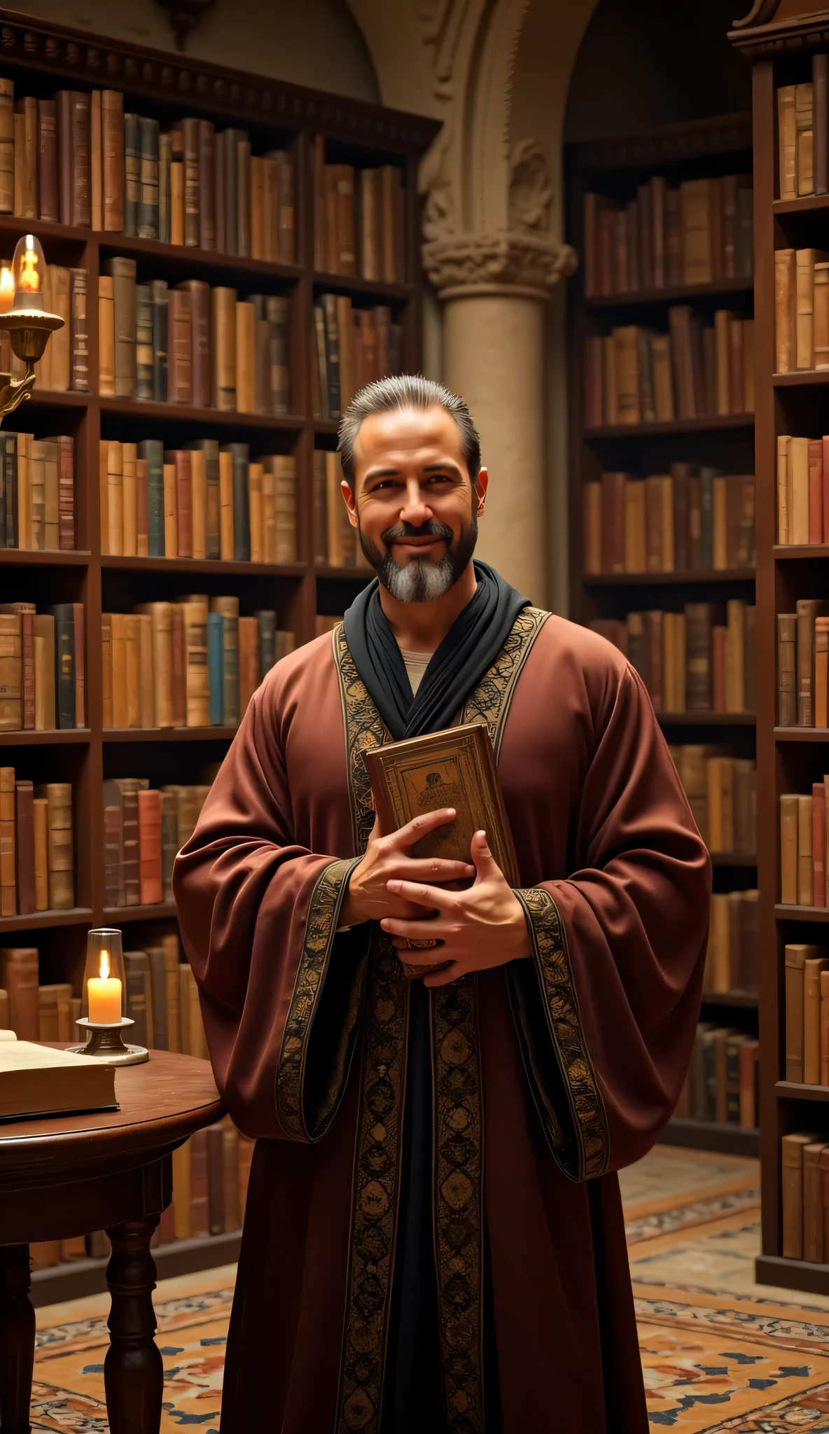 **Prompt:** Imagine a breathtaking archaic medieval library, filled with towering shelves of ancient tomes and glowing candlelight. In the center, showcase a handsome middle-age Arab scientist, dressed in a flowing, intricately designed Arabic robe and a traditional turban. He carries an anciently books and smiles warmly while looking towards the viewer, his features reminiscent of a blend of Christian Bale, Leonardo DiCaprio, and Ryan Gosling. The background features a large, ornate bookshelves filled with ancient books, hinting at the scientific explorations of the past. Execute the scene in hyperrealistic detail using medium-angle techniques, capturing the golden hour light that bathes the library in a warm, inviting glow. Ensure ultra-realistic textures and a balanced composition that draws the eye to the scientist amidst the rich atmosphere of antiquity. Use techniques like depth of field for added realism, creating an awe-inspiring visual that tells a story of discovery and wisdom. Aim for a cinematic quality that resembles award-winning documentary photography, ensuring the depth of field enhances the rich details in this UHD ambience.